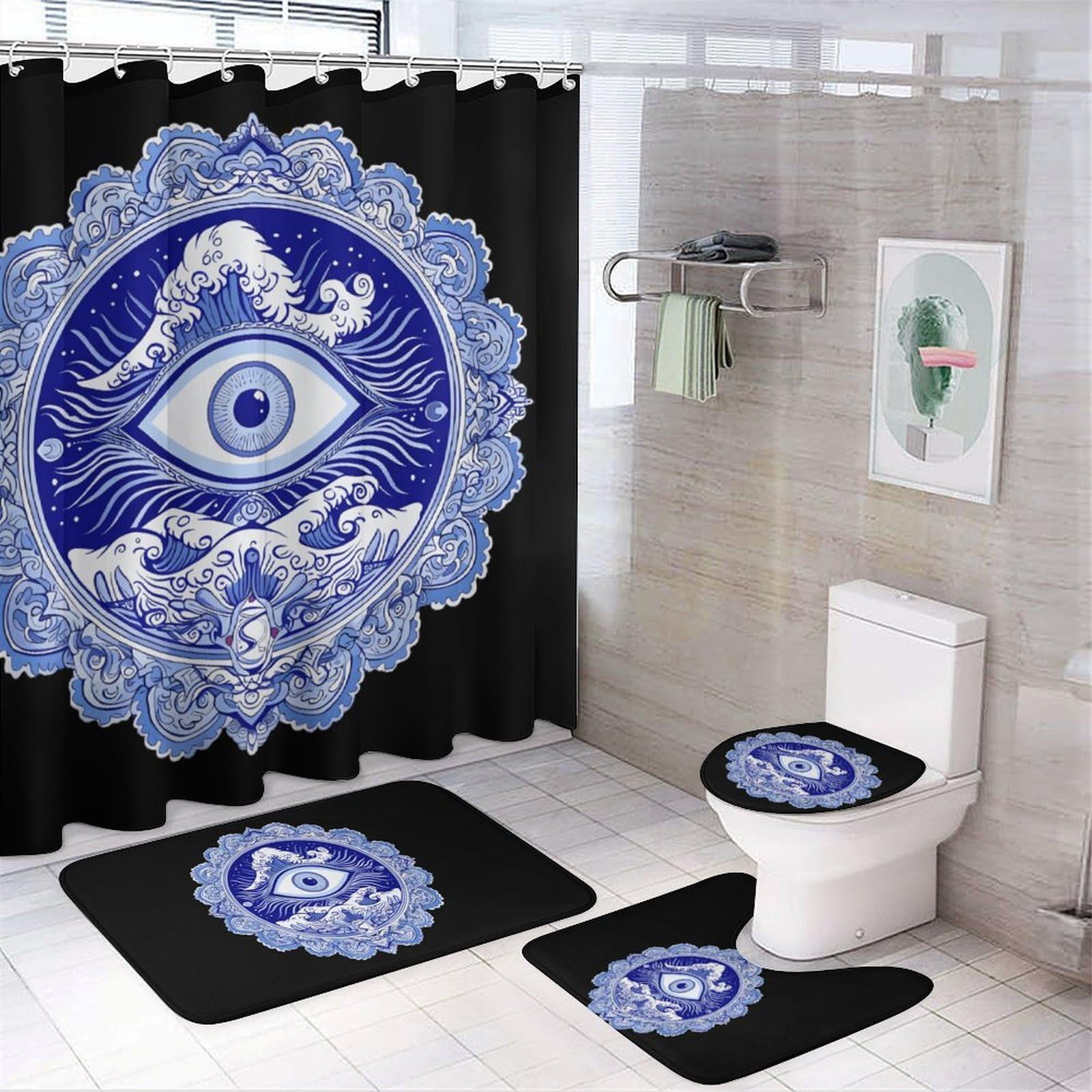 CGSBNGHA Matiasma Evil Eye Shower Curtain Set 4 Piece Bathroom Sets with Rugs Toilet Lid Cover And U-Shaped Floor Mat