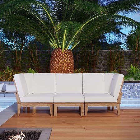 Modway Marina Premium Grade A Teak Wood 3-Piece Outdoor Patio Furniture Set in Natural White