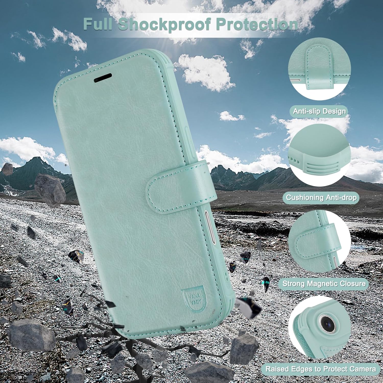 VANAVAGY Compatible for iPhone Air Wallet Case for Magsafe Wireless Charging, PU Leather Flip Folio Shockproof Phone Cover with Wrist Strap RFID Blocking Card Holder [Screen Protector],Light Mint