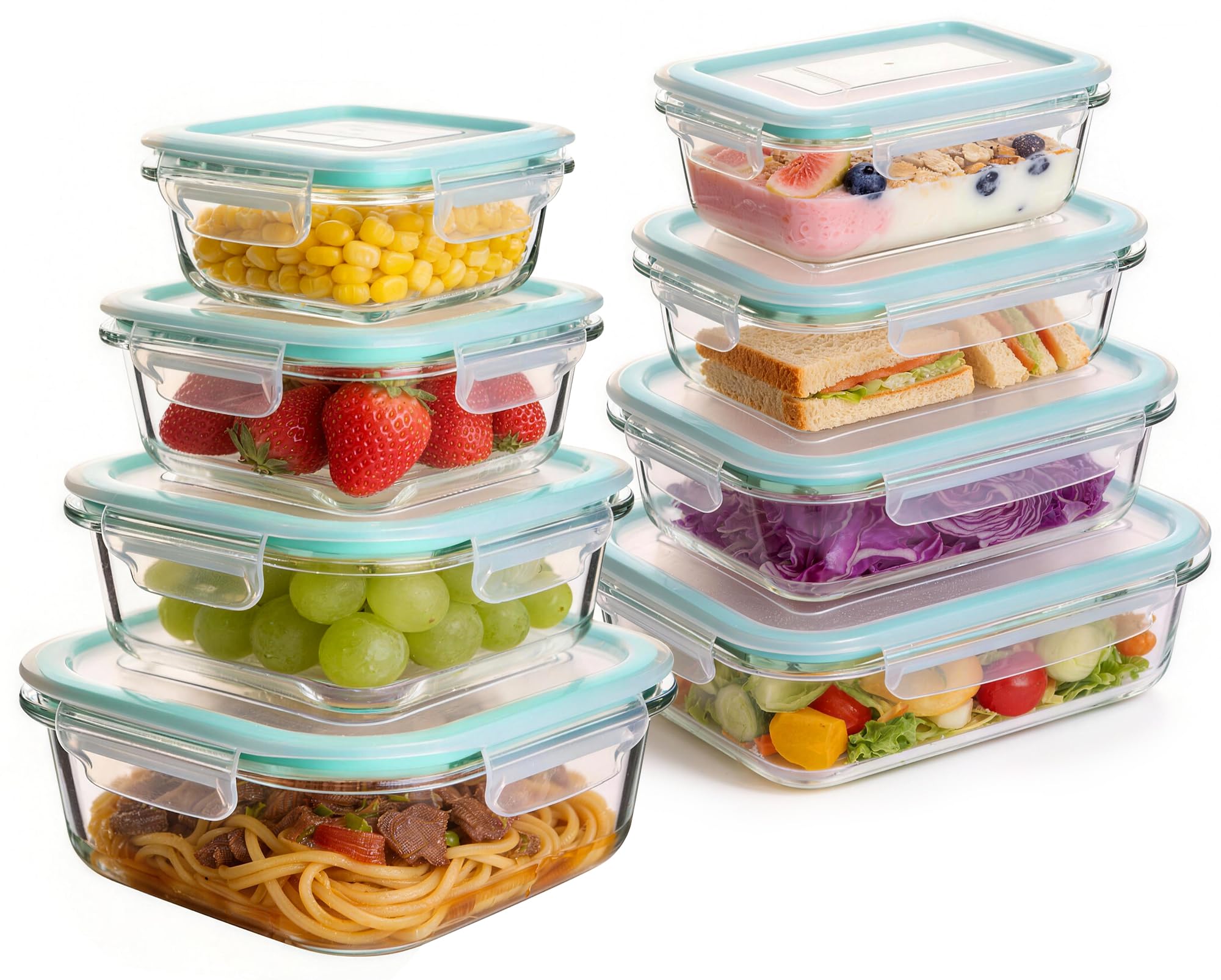 Liuruiyu Glass Food Storage Containers with Lids, 8 Pack Meal Prep Containers, Airtight Bento Boxes with Leak Proof Locking for Microwave, Oven, Freezer and Dishwasher, BPA Free(5oz to 36oz)