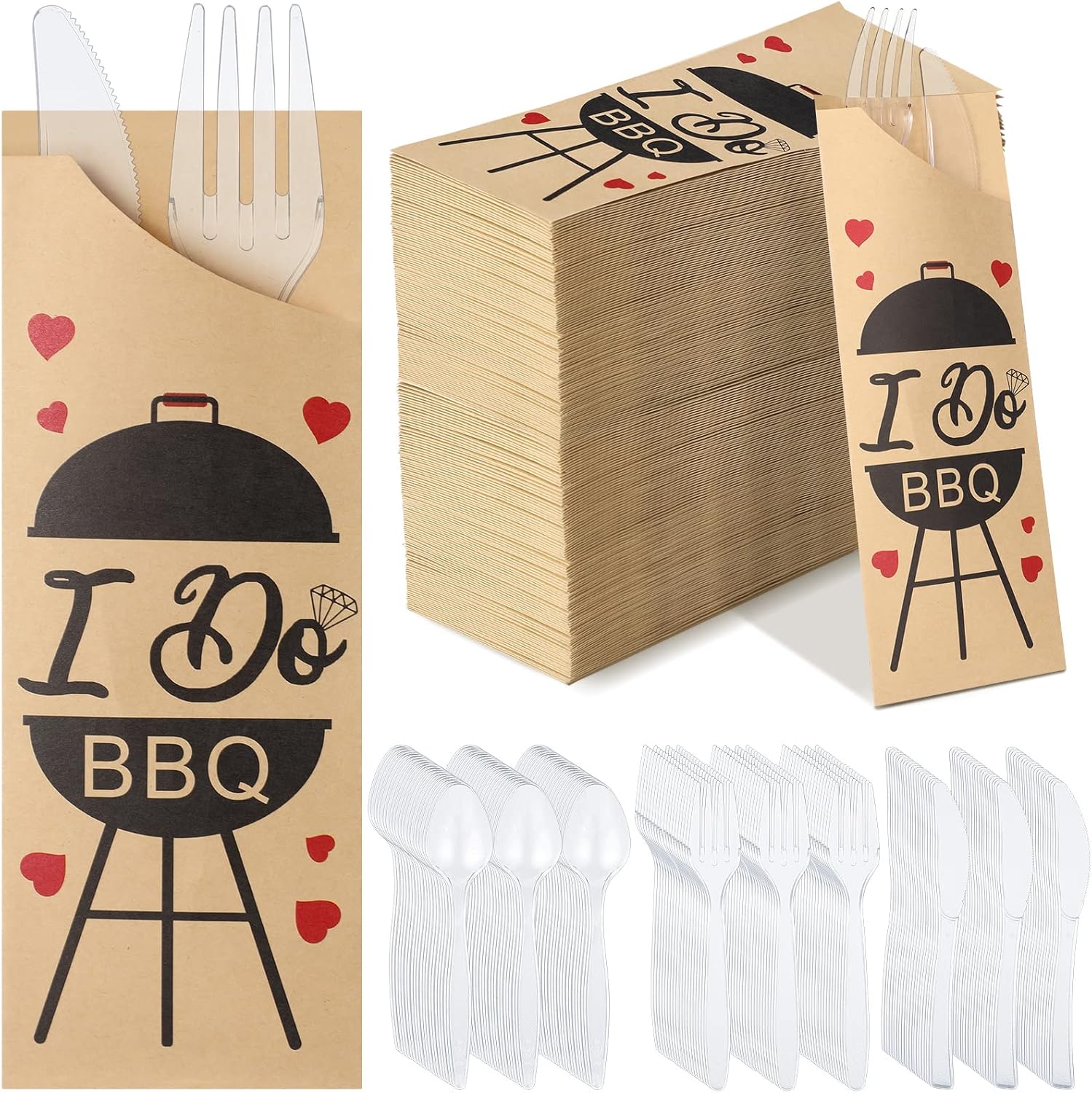 WILLBOND 400 Pcs I Do BBQ Decorations Kraft Paper Silverware Bags with Plastic Forks Knives Spoons Disposable Cutlery Utensil Holder for Wedding Party BBQ Restaurant Kitchen