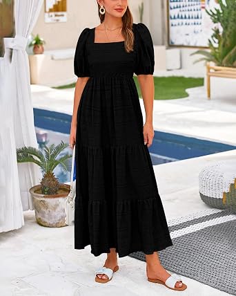 PRETTYGARDEN Women's Summer Dresses 2026 Puff Sleeve Square Neck High Waist Smocked A-Line Flowy Loose Fit Midi Dress