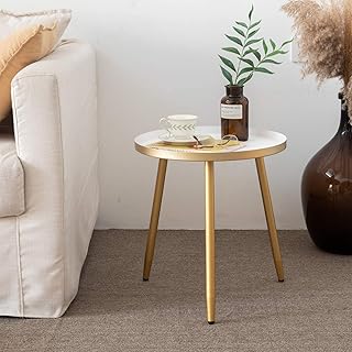AOJEZOR Round Side Table, Metal End Table, Nightstand/Small Tables for Living Room, Accent Tables Cheap, Side Table for Small Spaces (White & Gold)