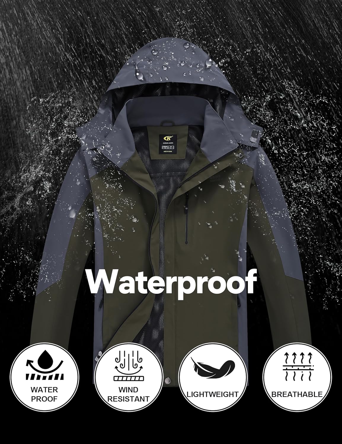 YuKaiChen Mens Rain Jacket Waterproof with Hooded Hiking Coat Lightweight Windbreaker - Image 6