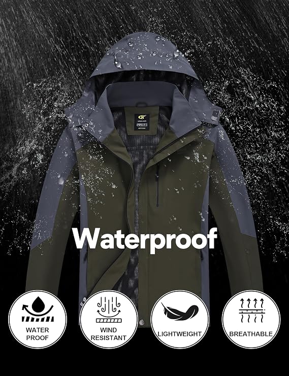 YuKaiChen Mens Rain Jacket Waterproof with Hooded Hiking Coat Lightweight Windbreaker