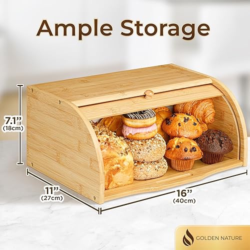 Miniatura 4 de Golden Nature Panera de bambú para encimera de cocina, grande de madera con tapa enrollable, contenedor de almacenamiento vintage para bagels,