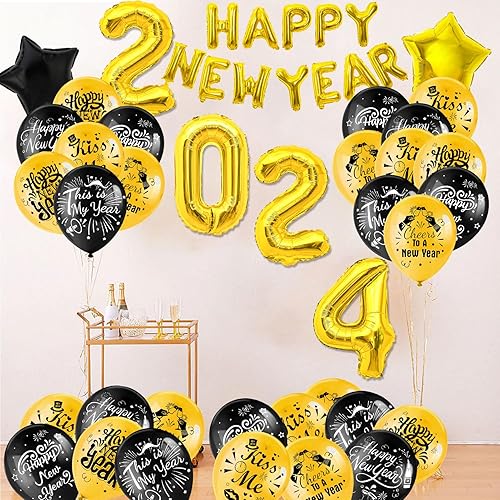 Miniatura 7 de HOWAF Decoraciones de Año Nuevo 2024, globos dorados y negros de Año Nuevo, globos de estrella de aluminio para suministros de fiesta de Nochevieja,