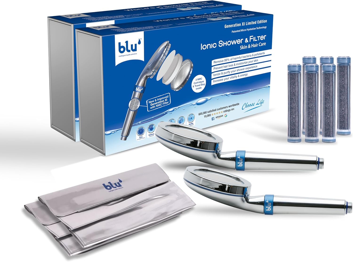 blu Ionic Shower Head and Shower Filter Handheld 2 Pcs Combo Removes Chlorine Harmful Pollutants Prevent Hair Loss Moisturize Your Skin, Chrome