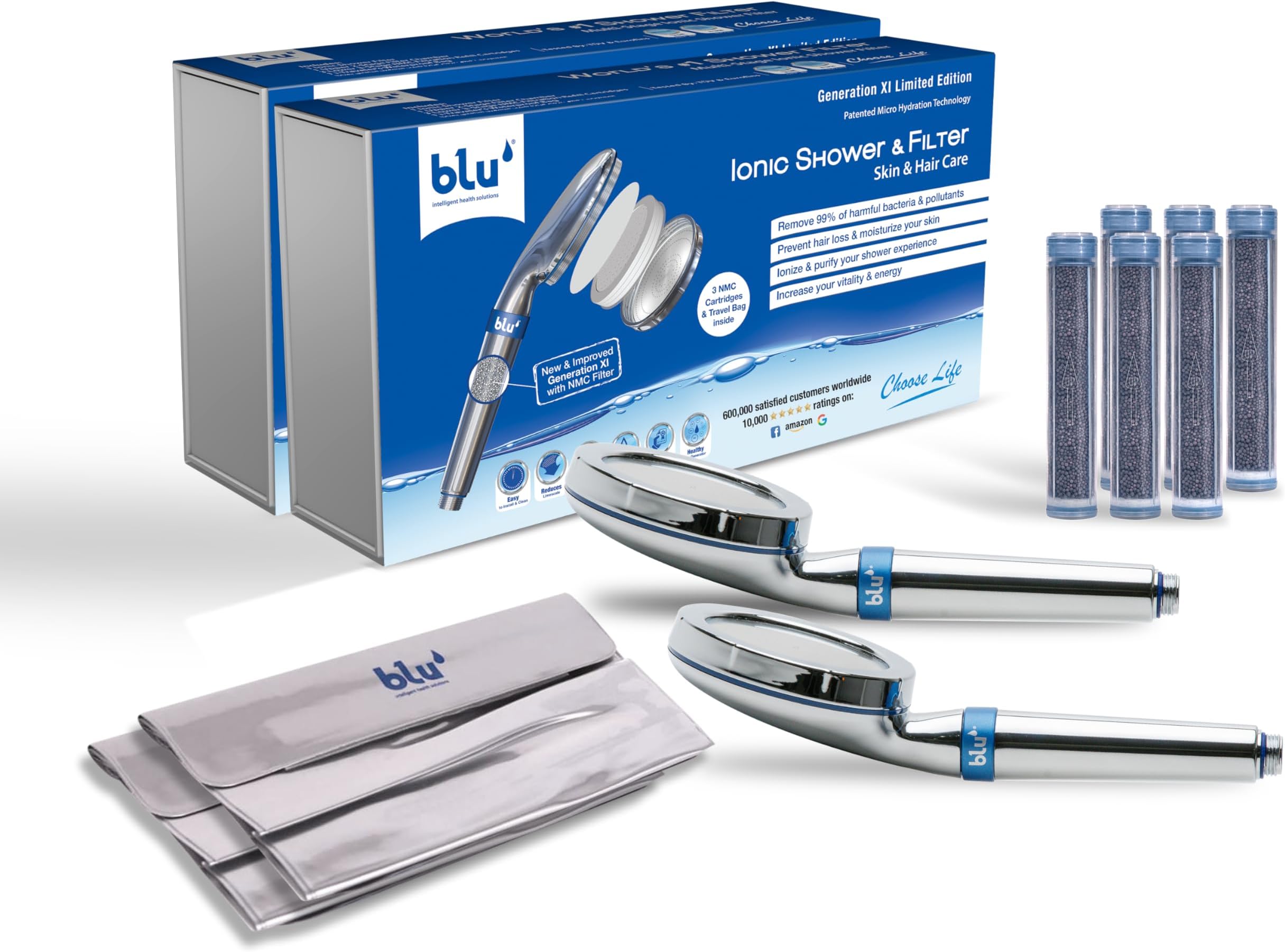 blu Ionic Shower Head and Shower Filter - Handheld - 2 Pcs Combo - Removes Chlorine & Harmful Pollutants - Prevent Hair Loss & Moisturize Your Skin, Chrome