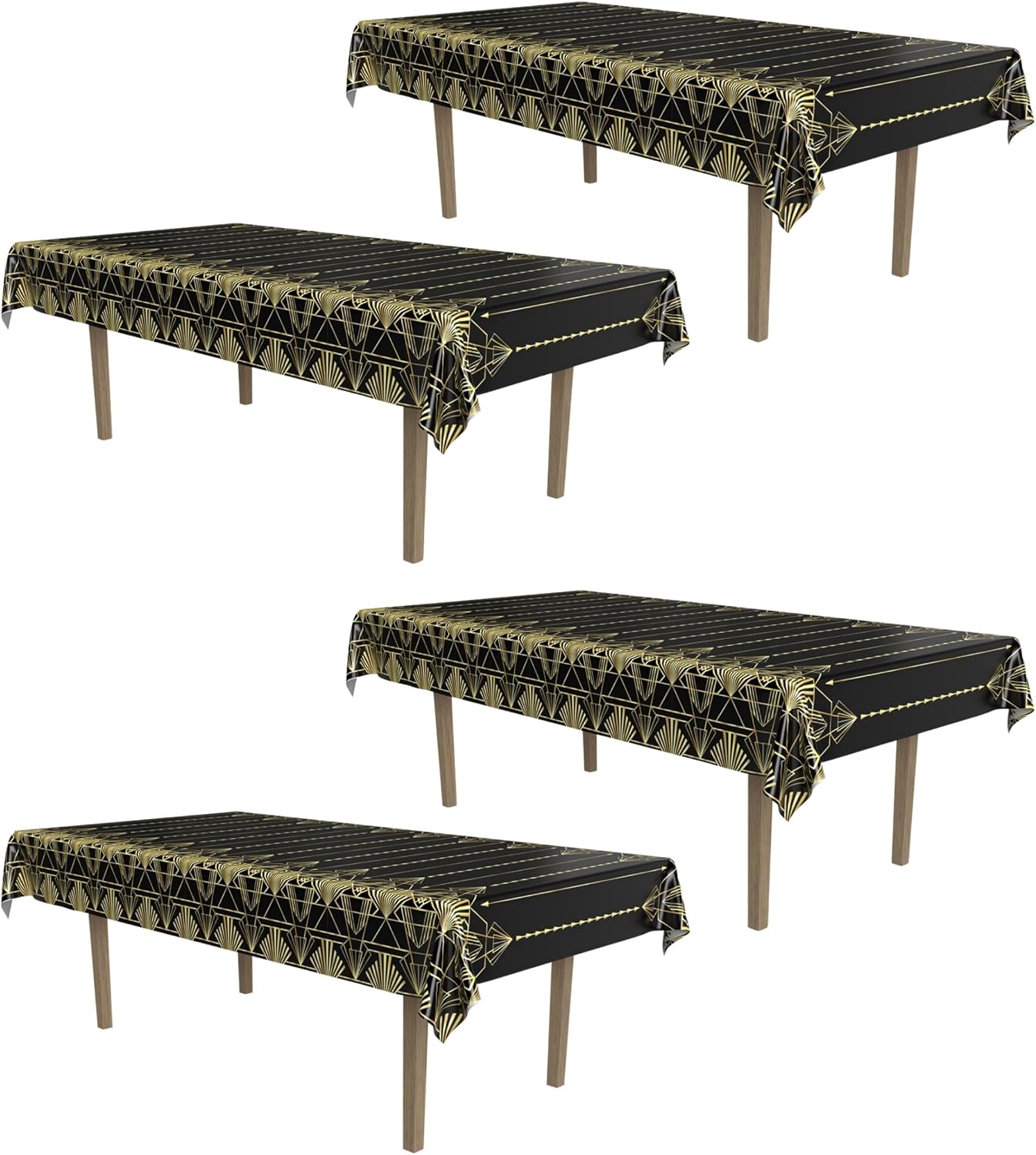 Beistle Great 20’s Tablecovers – 4 Pack, Black & Gold Plastic Tablecloths with Art Deco Geometric Design, Roaring 1920s Party Supplies for New Year’s Eve, Jazz Age Events & Celebrations, 54” x 108”