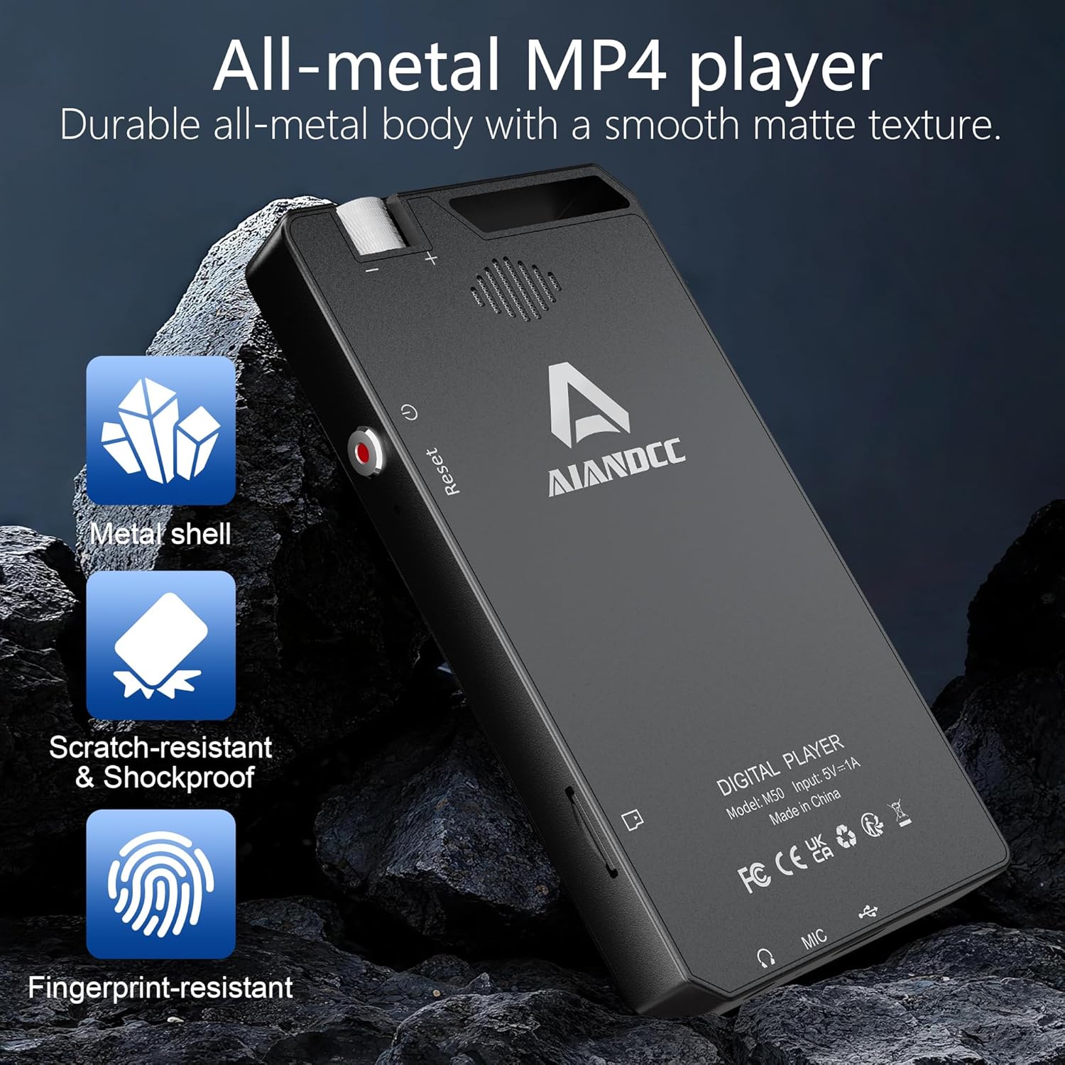 Close-up of the Aiandcc M12 MP3 Player's metal shell, highlighting its durability, scratch-resistance, shockproof nature, and fingerprint-resistant matte texture.