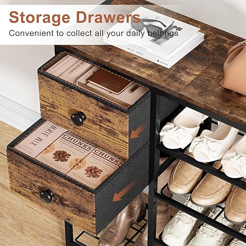 Miniatura 4 de Zapatero de 5 niveles con 2 cajones de tela, marco de metal y tablero de madera organizador de zapatos para 16-20 pares de zapatos, estante de