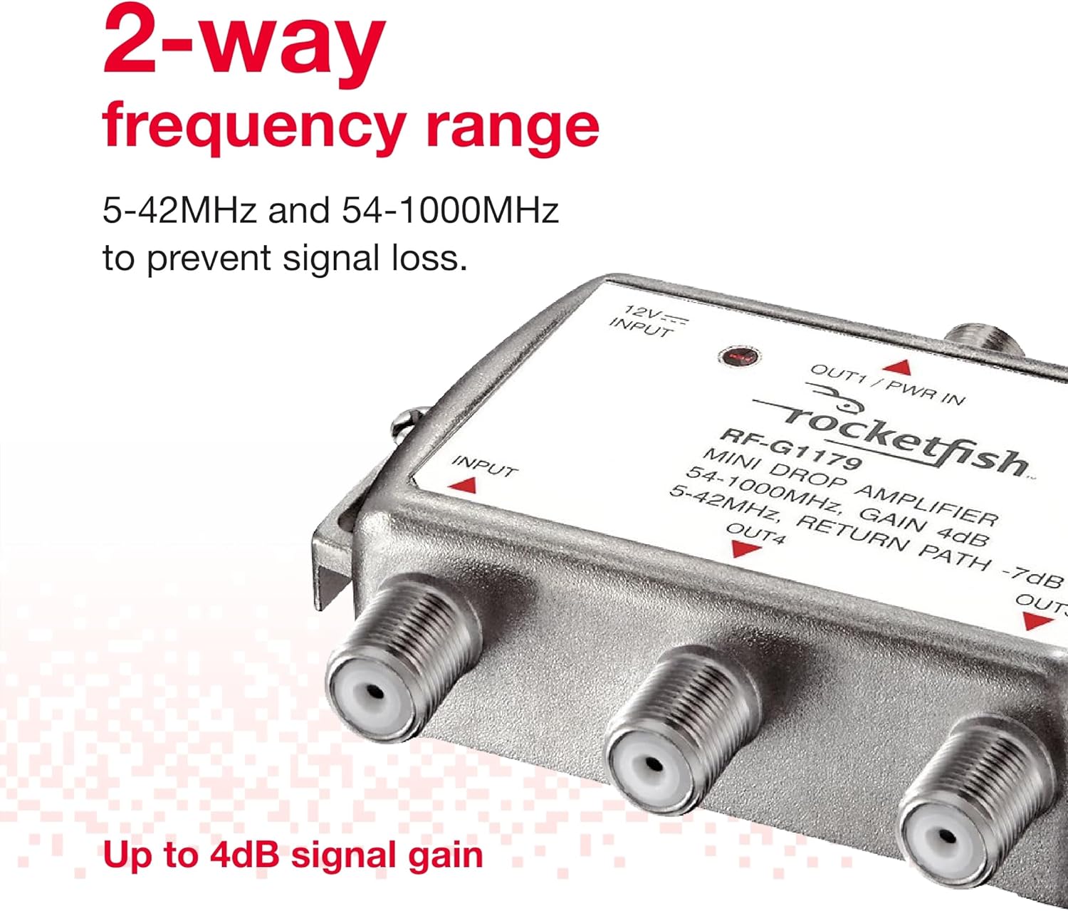 Rocketfish RF-G1179 Coaxial Amplifier showing 2-way frequency range