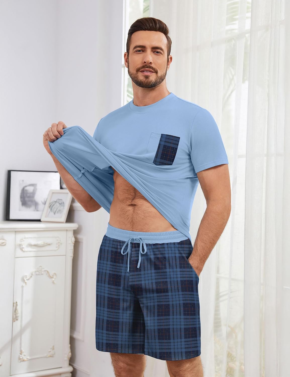 Pajamas Set for Men Plaid Short Sleeve and Pajama Shorts Sets Cotton 2 Piece Pj Set Lounge Set Summer Loungewear