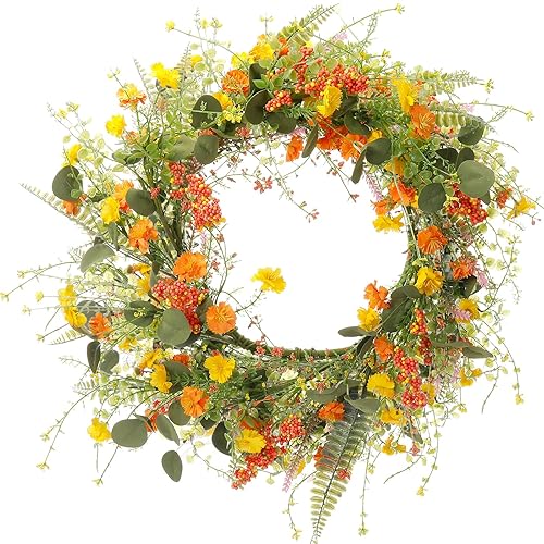 23" Spring Summer Wreath for Front Door, Artificial Wildflower Garland