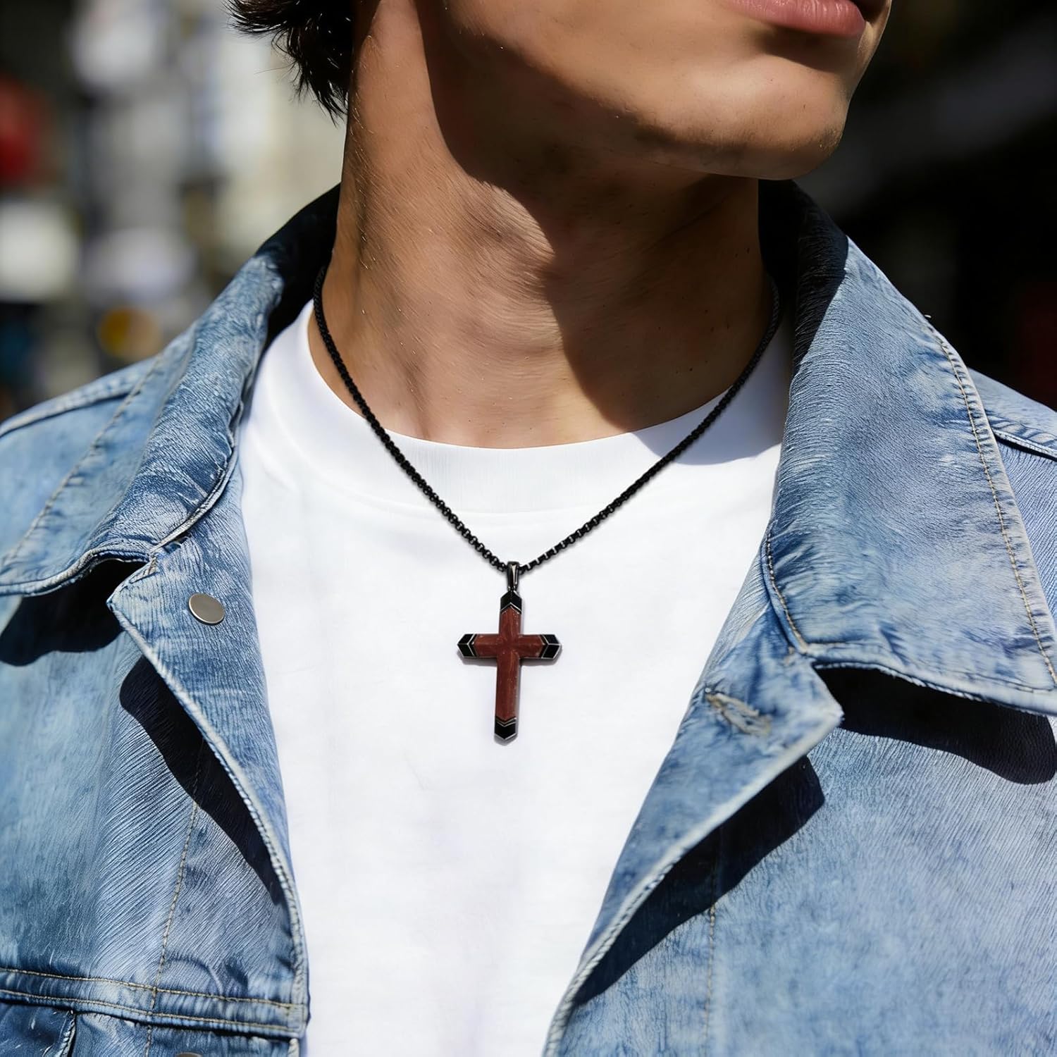 Ebony Wood Cross Necklace for Men & Women – Handmade Natural Wood Pendant with Titanium Steel Chain, Christian Religious Jewelry Gift for Baptism, Easter, Birthday – 18 20 22 24 Inch