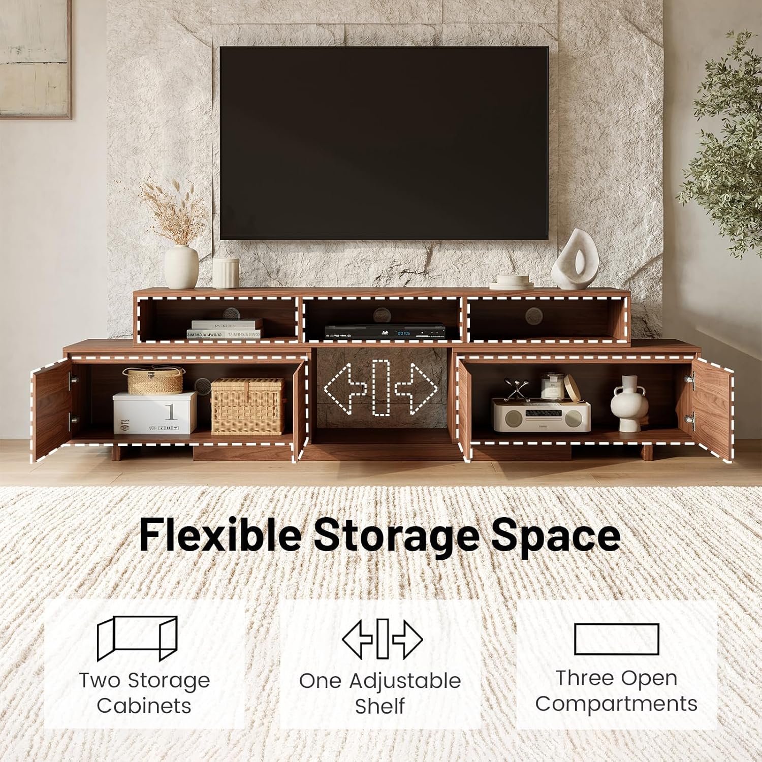 Extendable TV Stand for 65-100 Inches TVs - Walnut Entertainment Console with 2 Cabinets, 3 Open Compartments & 1 Adjustable Shelf, Cable Management, Adjustable Length 63''-94.5'' (Walnut, 63"-94.5")