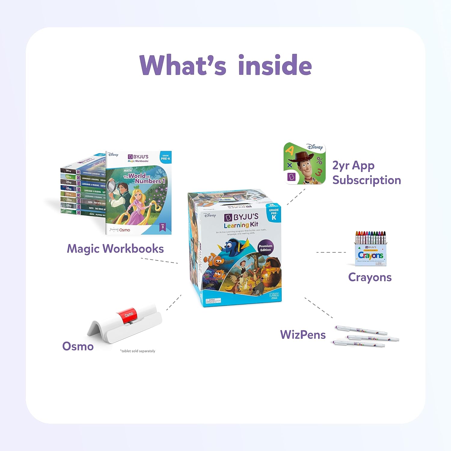BYJU’S Learning Kit: Disney, Pre-K Premium Edition (App + 9 Workbooks) - Preschool, Ages 3-5, Featuring Disney & Pixar Characters- Learn Numbers, Letters, Shapes & Colors - Osmo iPad Base Included