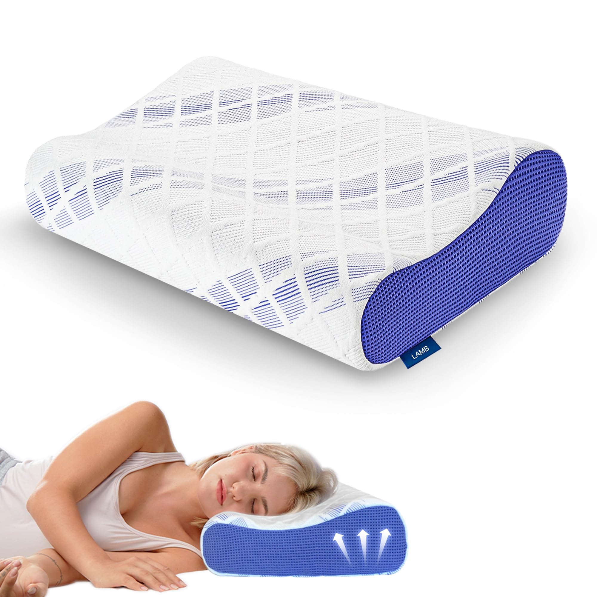 LAMB Cuscino Cervicale per Dormire, Memory Foam Ortopedico, Guanciale Ergonomico per dolori al collo, Altezza Regolabile,Cuscini Letto Matrimoniale (Blu)