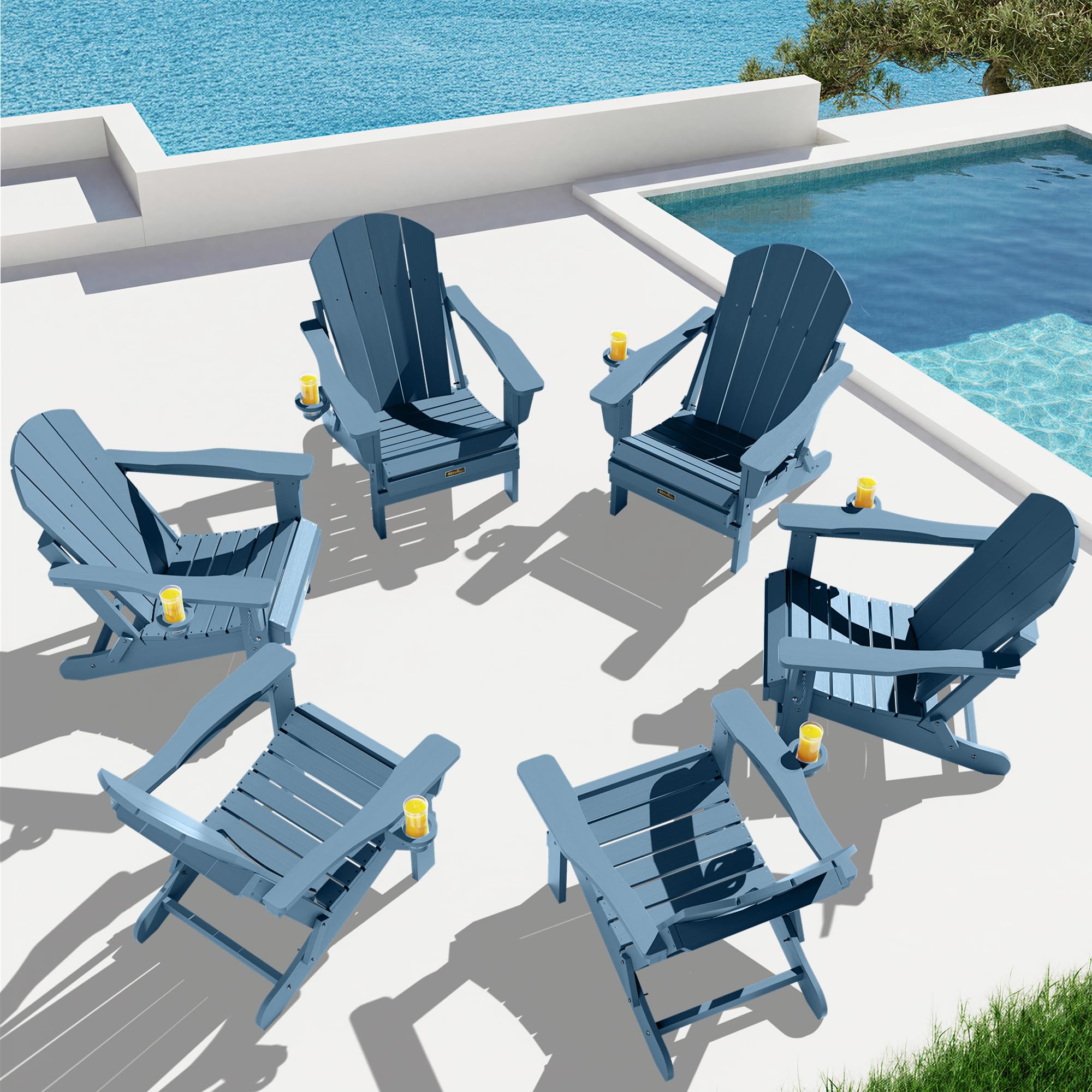 SERWALL Folding Adirondack Chair with Cup Holder Set of 6 for Outdoor -Blue