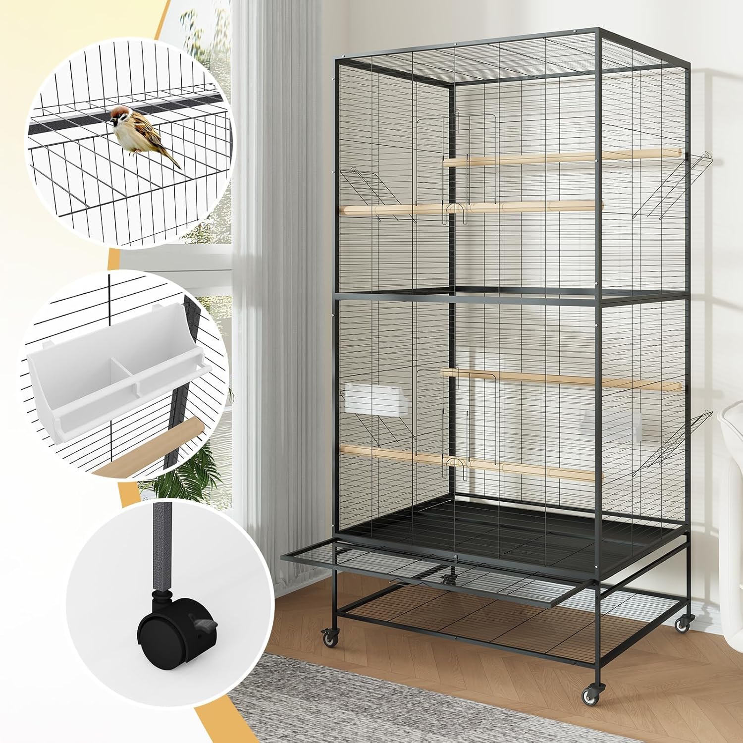Extra Large Heavy Duty Metal Bird Cage with Rolling Stand – Spacious Flight Cage for Parakeets, Cockatiels, African Grey, Conures, Budgies, Lovebirds, Pigeons – Removable Tray, Flat Top,