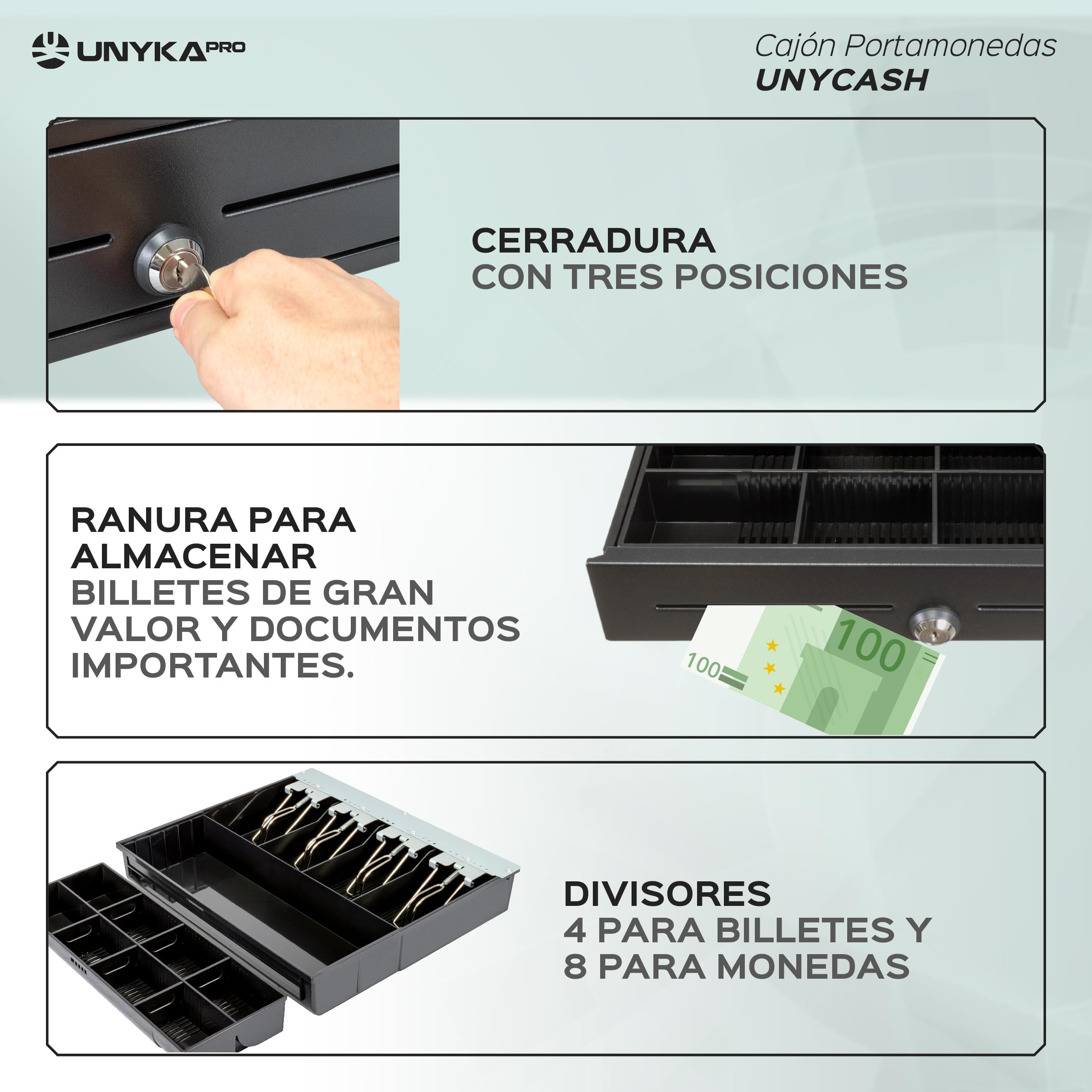 UNYKAch Cajón Portamonedas UNYCASH 56001 – Estructura Metálica 41x41cm – 4 Compartimentos para Billetes y 8 para Monedas – Apertura Automática RJ11 y Manual con Llave – Compatible con Sistemas POS