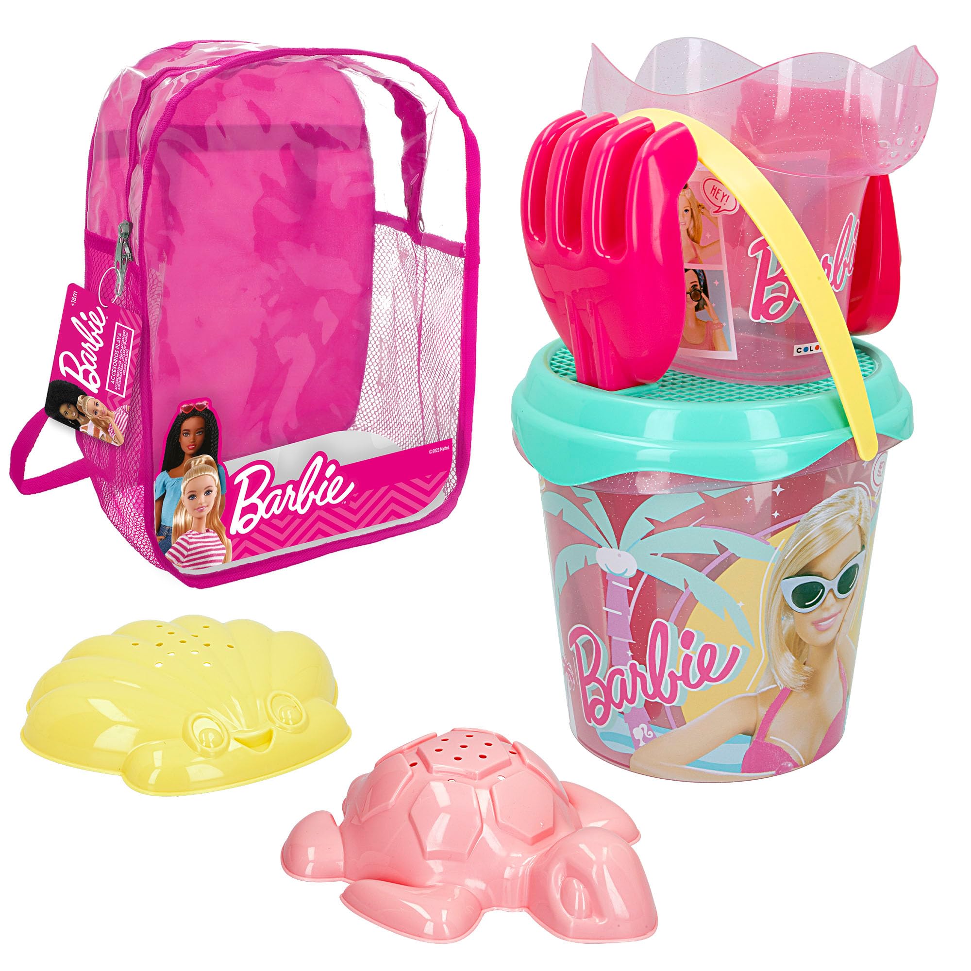 ColorBaby 77386 Barbie Set de Playa Infantil con Pala y Accesorios, Conjunto de Cubo de Playa, Mochila de Playa para niñas, Set Playa Infantil, Mochila con Juguetes