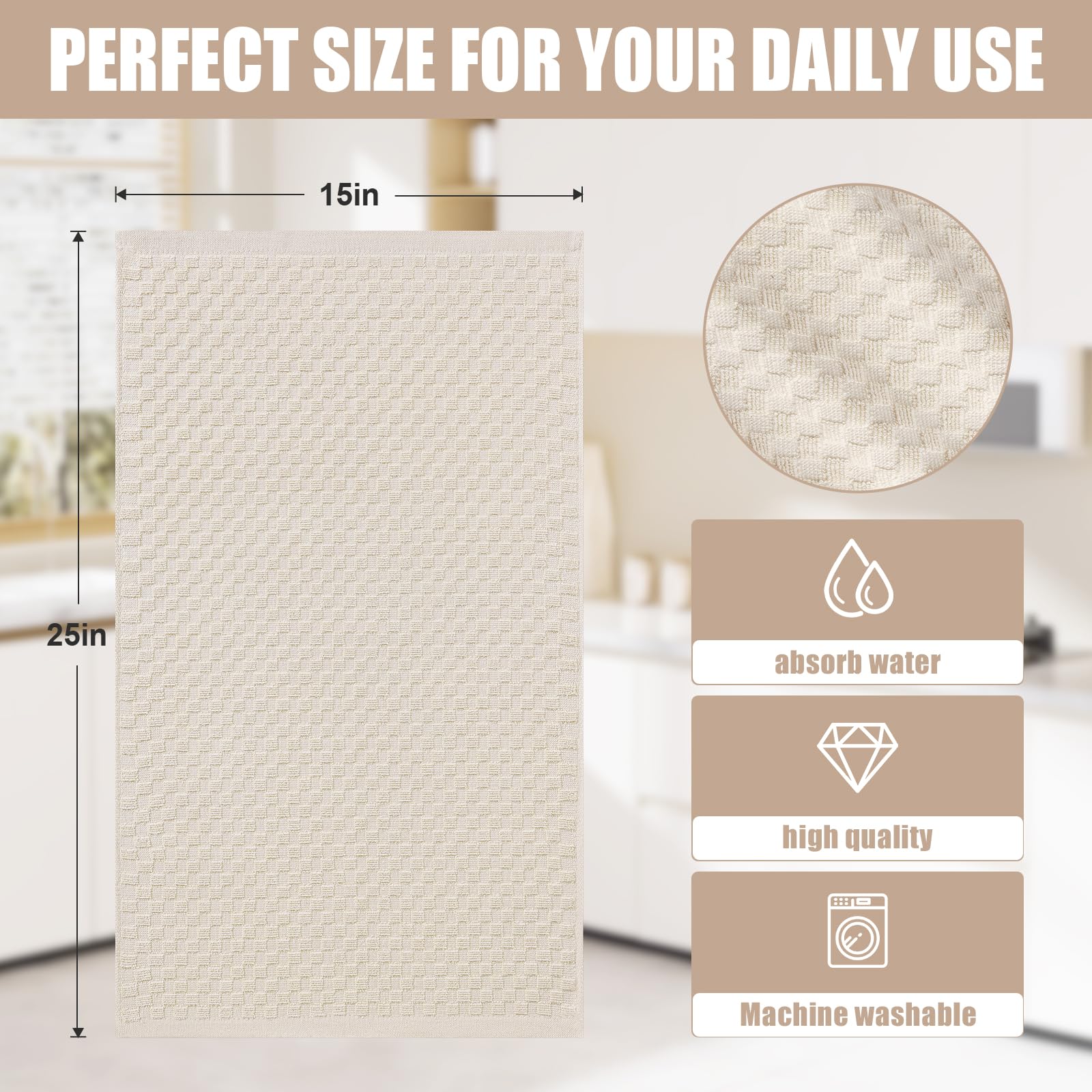 Homaxy Lot de 6 torchons de cuisine 100 % coton éponge (38,1 x 63,5 cm), doux et super absorbants, 380 g/m² réutilisables avec boucle de suspension, motif grille d'ananas, beige