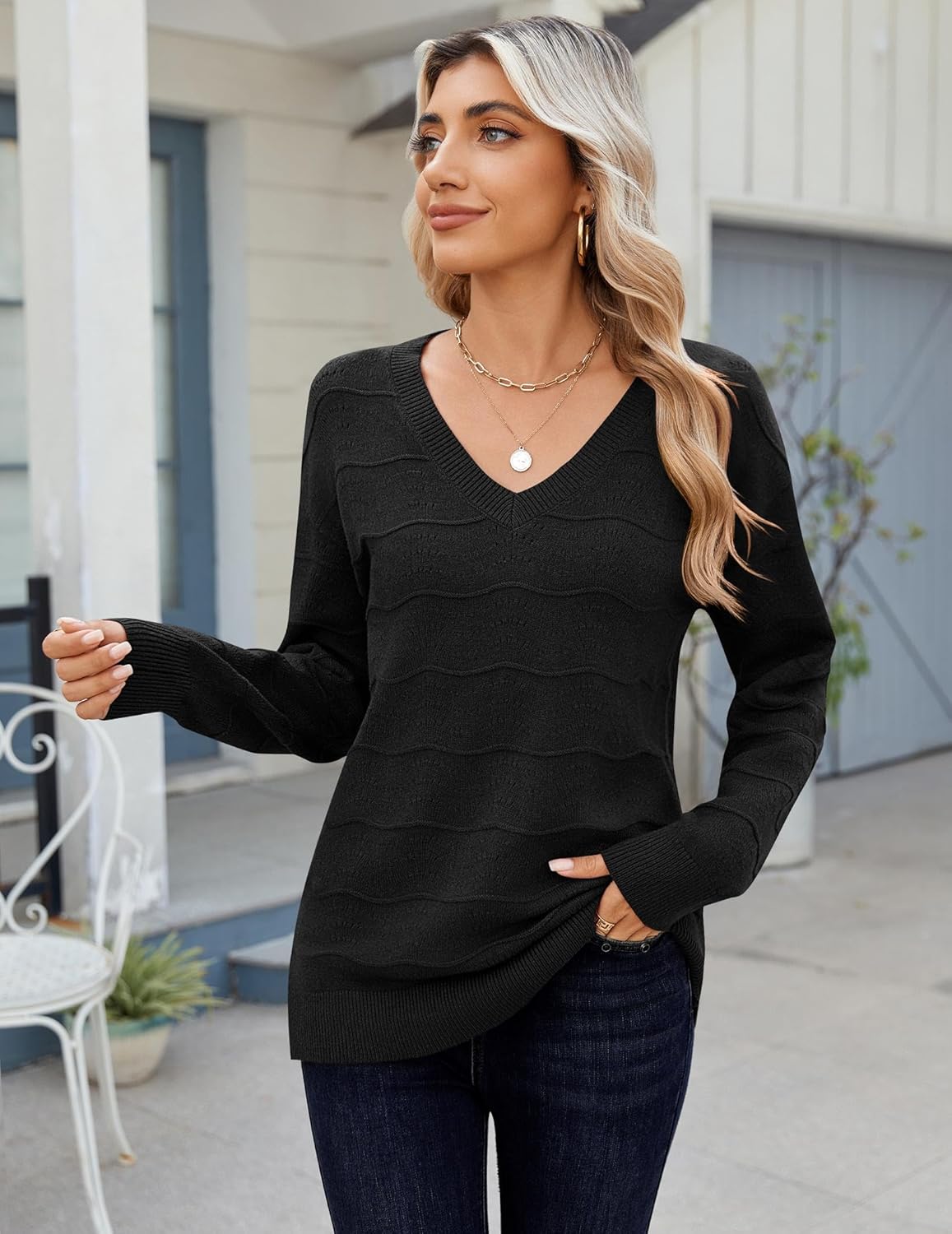 Zeagoo Womens Sweaters Fall Casual Long Sleeve V Neck Shirts Lightweight Crochet Ribbed Knit Pullover Tops Outfits - Image 2