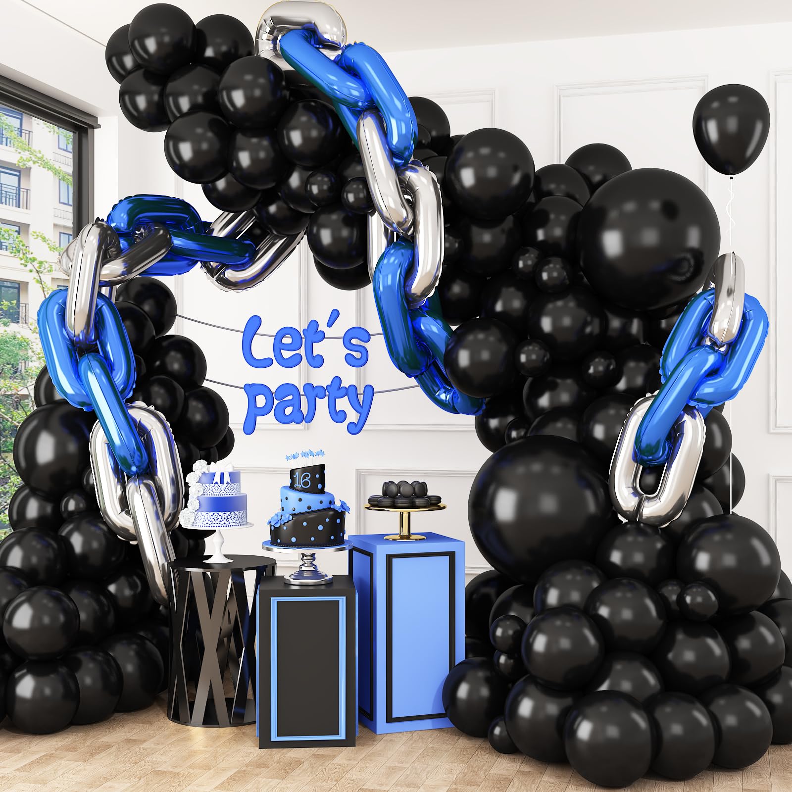 Blue Silver Chain Balloons, 24PCS Giant Chain Foil Balloons Garland for 80s 90s Hip Hop Party Decorations - Image 3