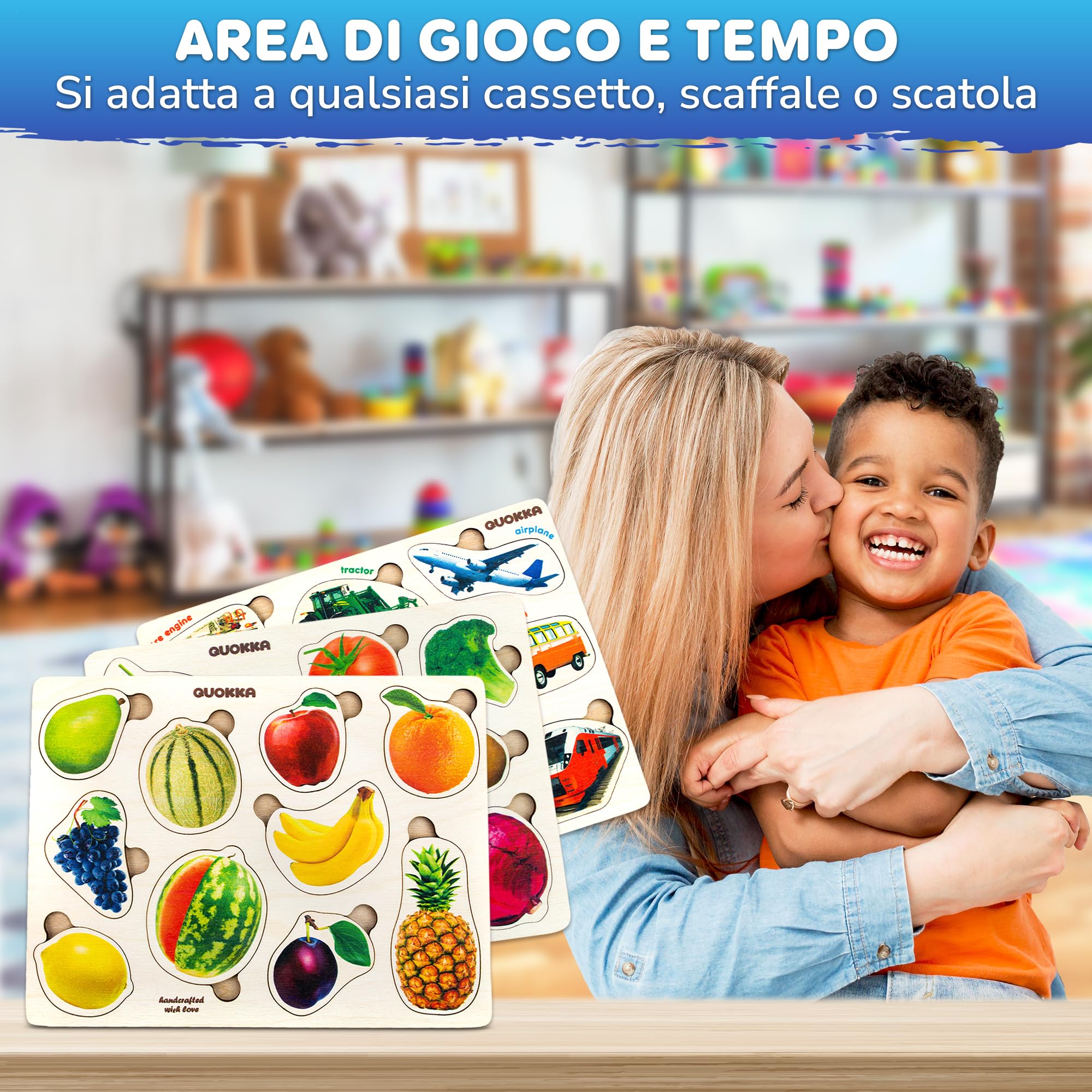 QUOKKA Puzzle Legno Bambini 1 2 Anni - 3 Giochi Montessori per Bambini 3 4 5 Anni - Puzzle in Legno con Frutta Verdura e Trasporto - Giocattolo Educativo Regalo