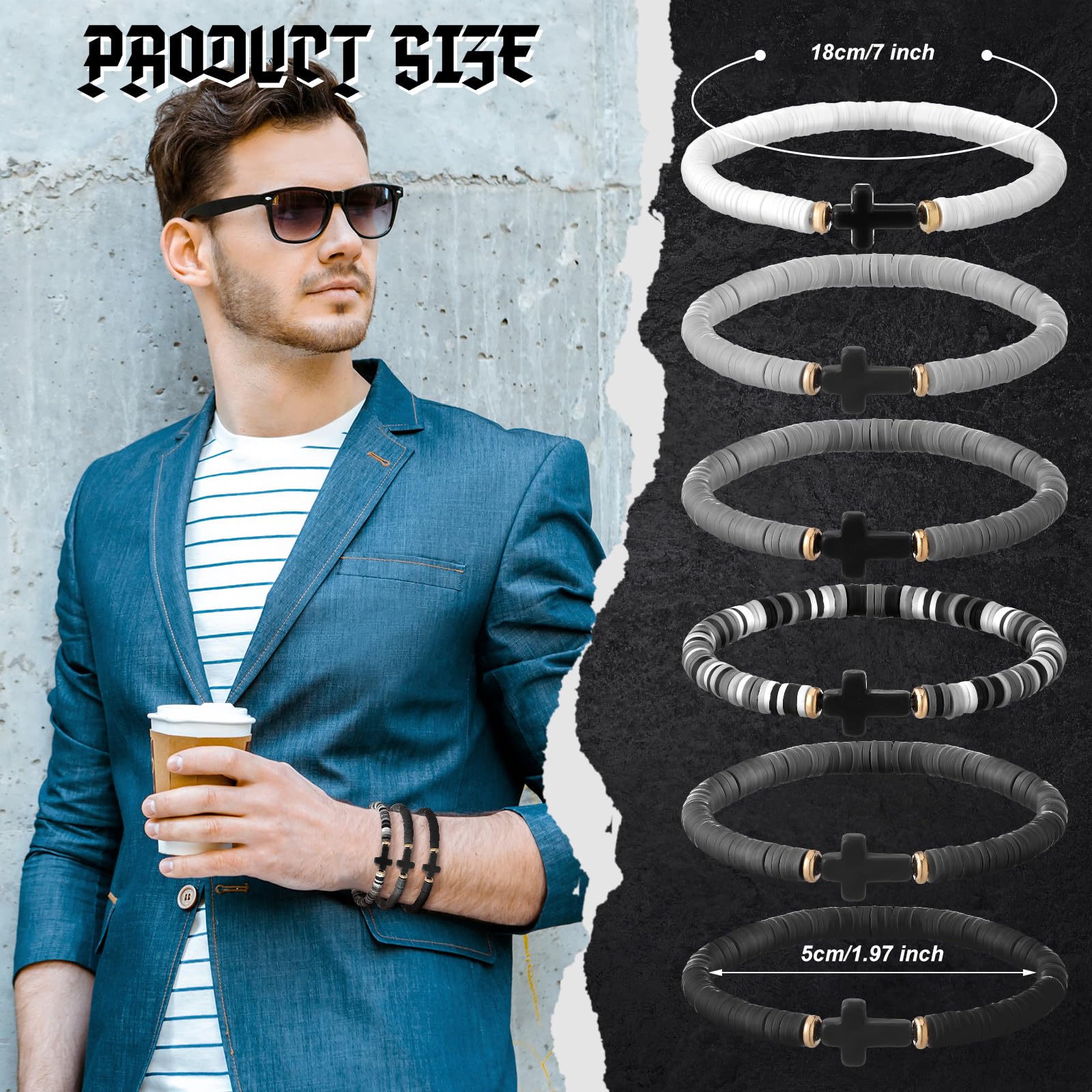 Pulsera Heishi Surfer con cuentas cruzadas para hombre, 24 unidades, de arcilla polimérica, apilable, regalos religiosos cristianos, Arcilla polimérica Turquesa, No es una piedra preciosa 2