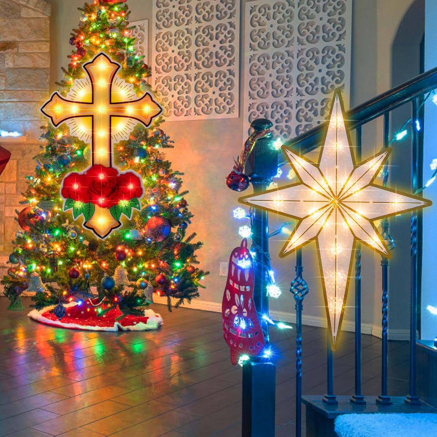 LAMPHOME 2 Pack Lighted Cross and Bethlehem Star Christmas Window Silhouette Lights Decorations,Window Sculpture Decoration for Christmas,Party,Home,Patio Lawn,Garden