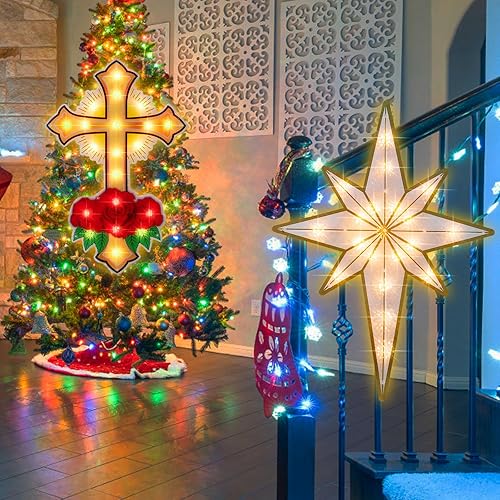 Miniatura 3 de LAMPHOME Paquete de 2 luces iluminadas con forma de cruz y estrella de Belén para ventana, decoración de escultura de ventana para Navidad, fiesta,