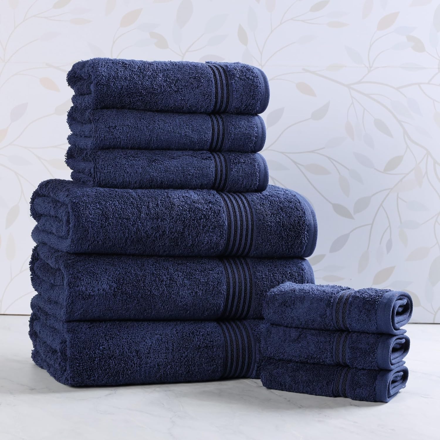 Superior Egyptian Cotton 9-Piece Towel Set, Assorted Towels for Home Bathroom, Master, Guest Bath, Decor Essentials, Includes 3 Bath, 3 Hand, 3 Face Towels/Washcloths, Quick Dry, Absorbent, Navy Blue
