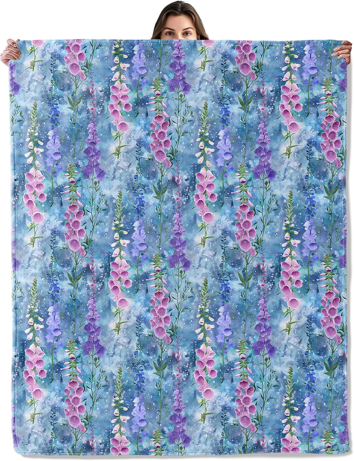 Purple and Pink Foxglove Flower Pattern Throw Blanket for Boys Girls Kids Adults, Cozy Botanical Garden Theme Flannel Blankets Gifts for Camping, Bedroom, Couch, Room Home Decor, 50"x60"