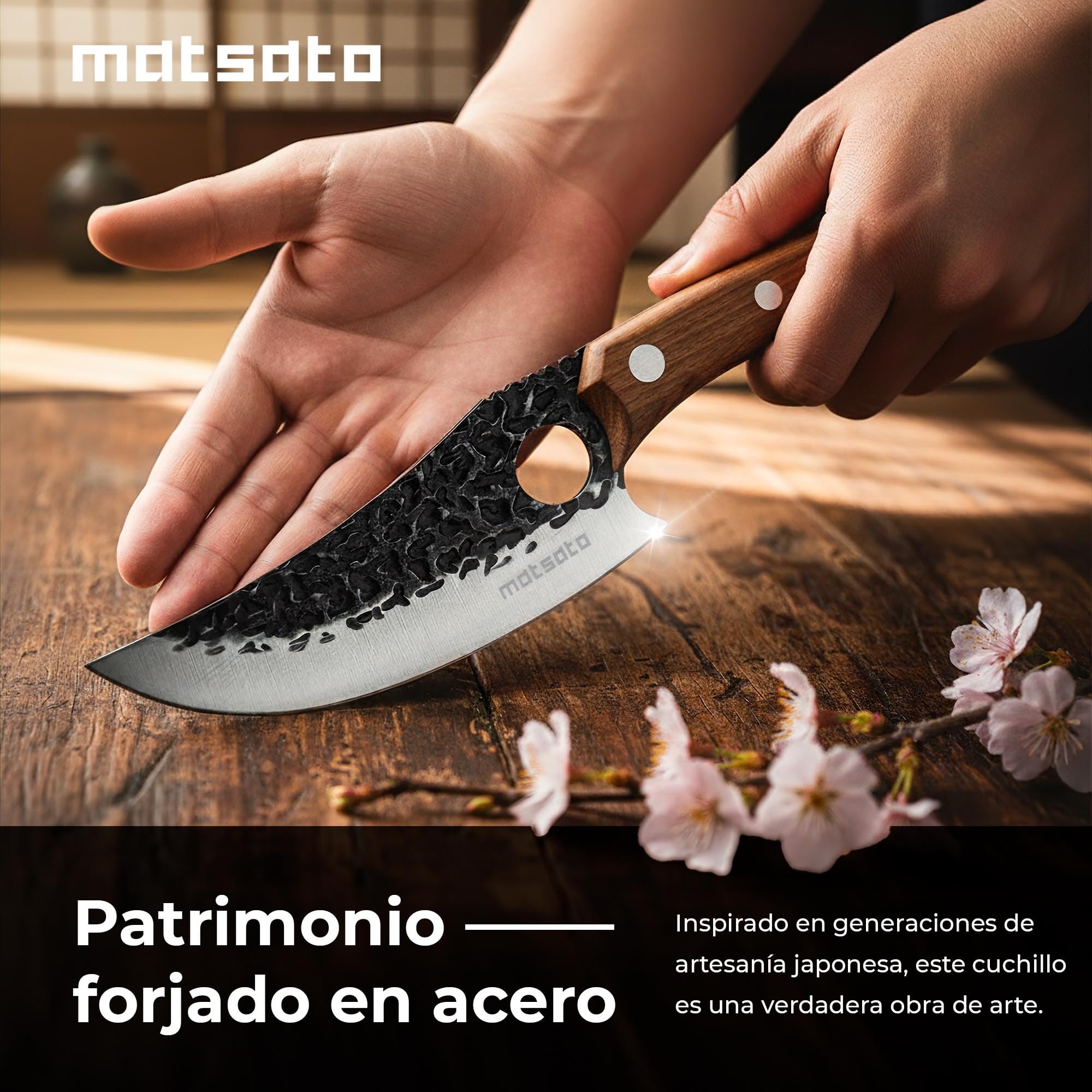 Matsato Juego 3 Cuchillos de Cocina Profesionales Mango Madera | Cuchillo chef, cuchillo para carne y cuchillo universal. Mango ergonómico de madera.