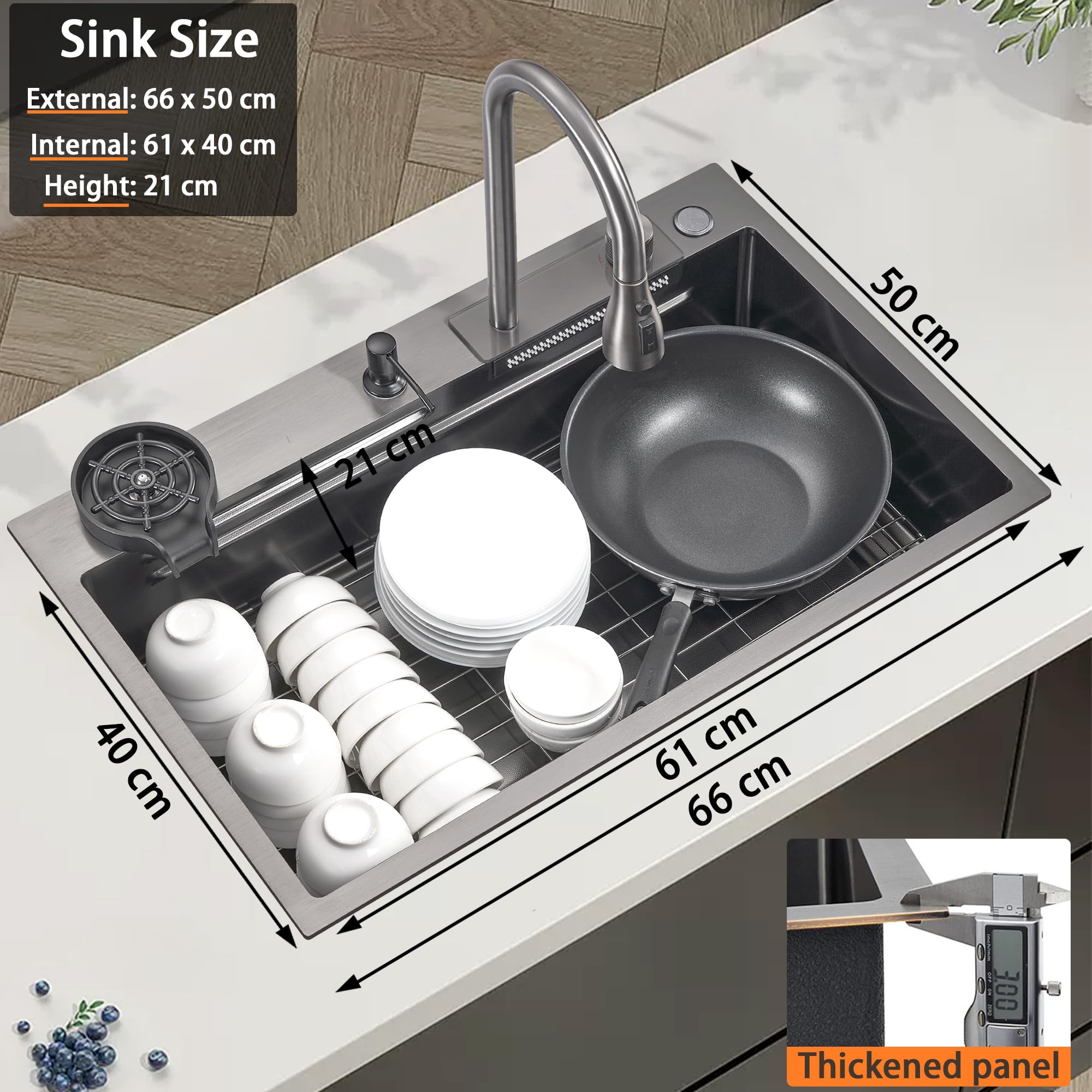 66 x 50 cm Fregadero de cocina en cascada gris oscuro, fregadero moderno multifuncional de acero inoxidable de una cubeta con grifo rociador abatible y accesorios