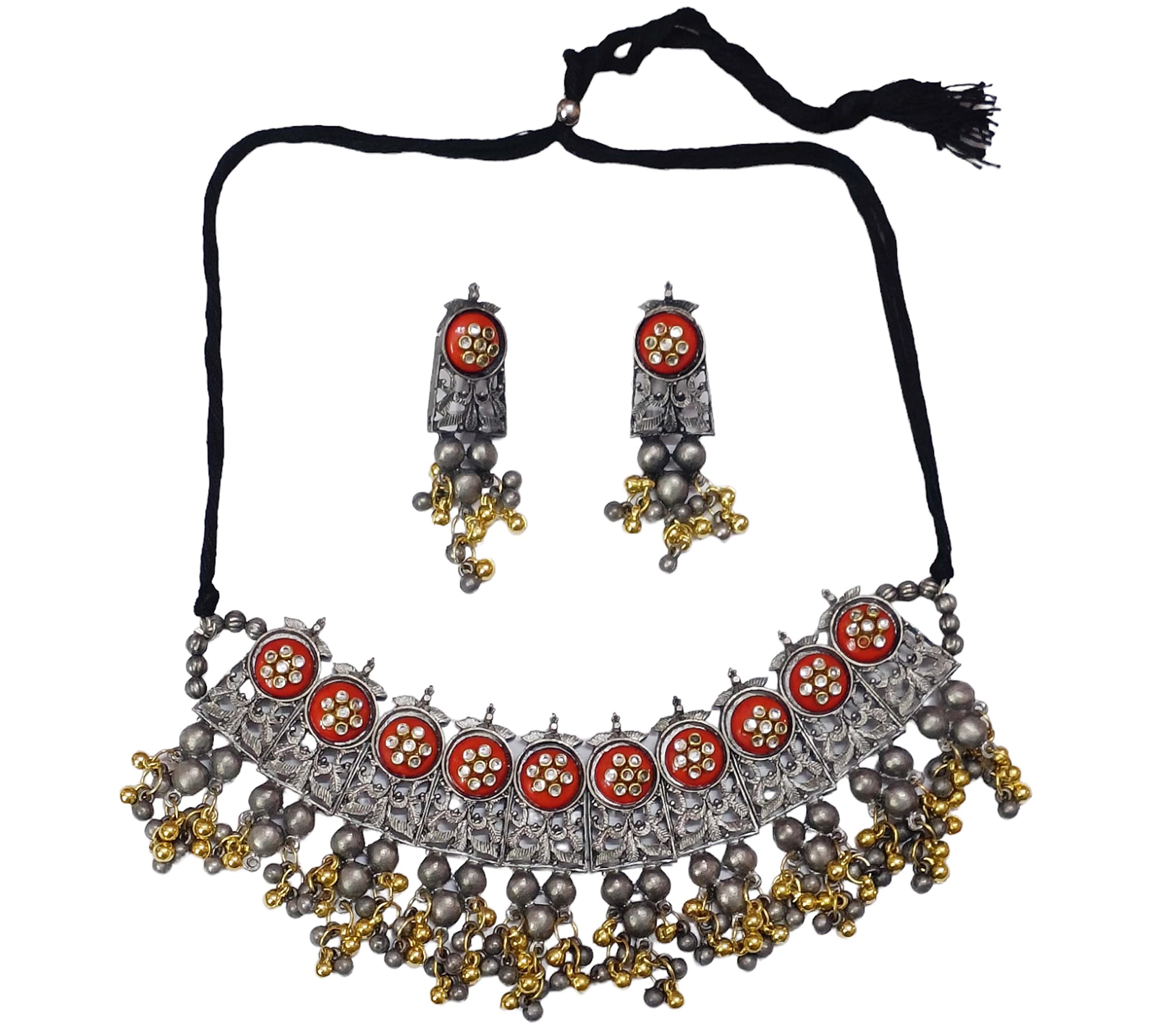 Paninaro Silver Oxidised Afghani Choker Necklace Set Kundan Work for Women & Girls(Red) (B0BLHZG6SY) Amazon Price History, Amazon Price Tracker