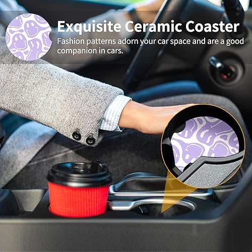 Miniatura 4 de Watbro Posavasos para automóvil, morado sonriente, absorbente, paquete de 2 para portavasos con muesca para los dedos, cerámica de 2.56 pulgadas,