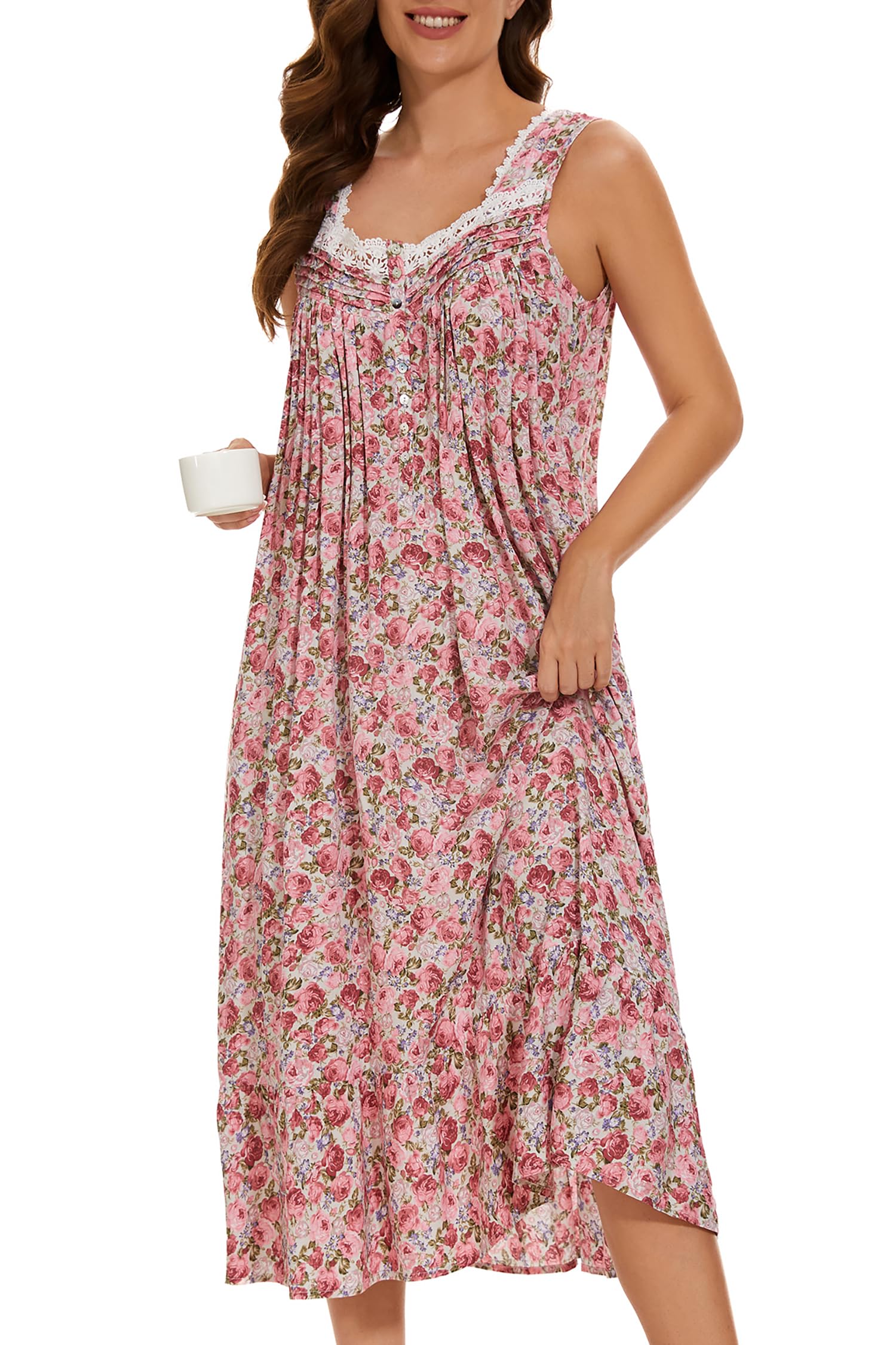 AVIIER Cotton Nightgowns for Women Sleeveless House Dress Ladies Long Nightdress with Pockets S-XXL