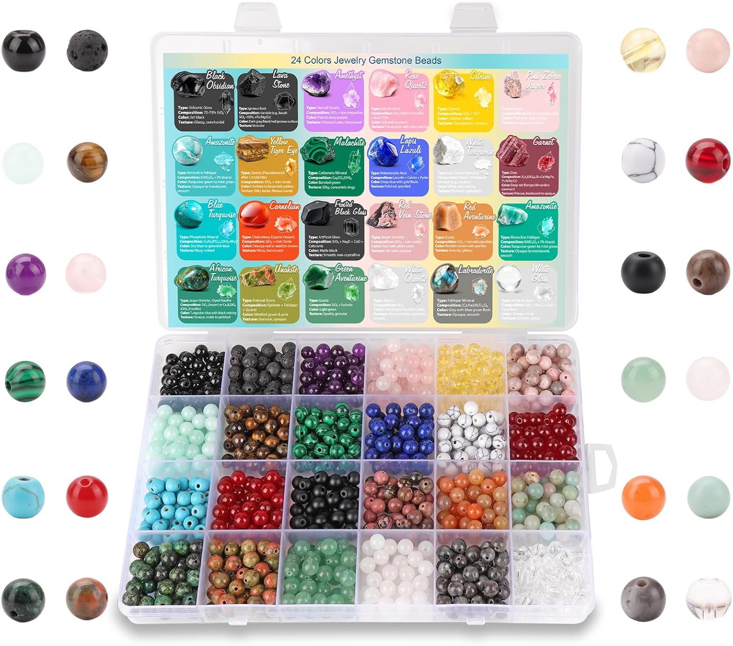 960pcs 24 Colors 6mm Natural Stone Crystals Beads for Jewelry Making Round Genuine Real Stone Beading Loose Gemstone for Bracelet Jewelry Making Box