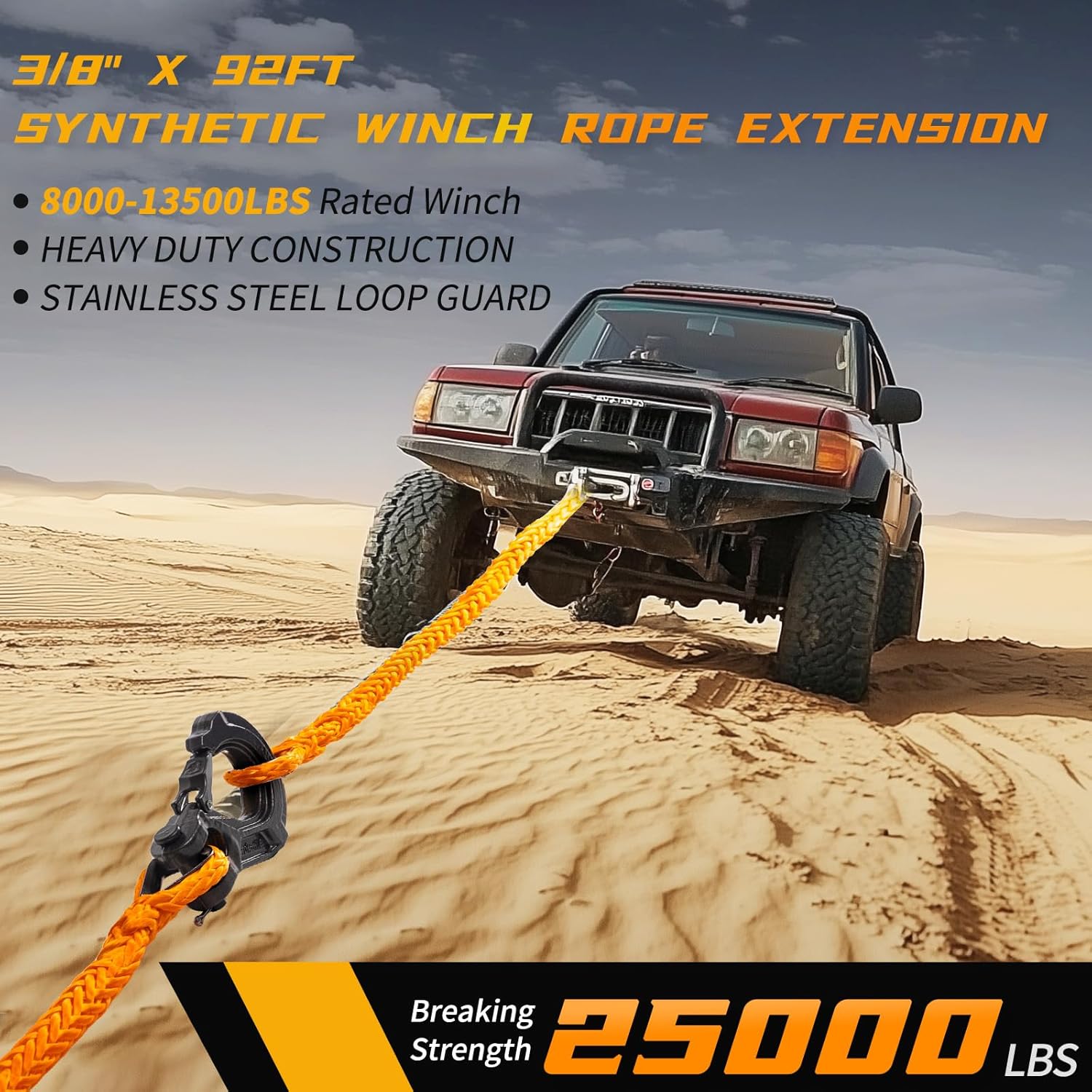 3/8 Inch x 92 Feet Synthetic Winch Rope Extension 26,500 Lbs for Off Road Vehicle ATV UTV SUV Orange