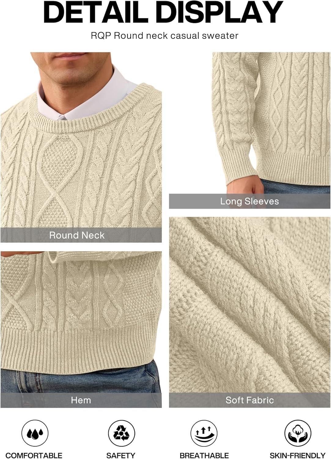 RQP Mens Crewneck Sweater Cable Knit Sweater Classic Fisherman Pullover Sweater - Image 5