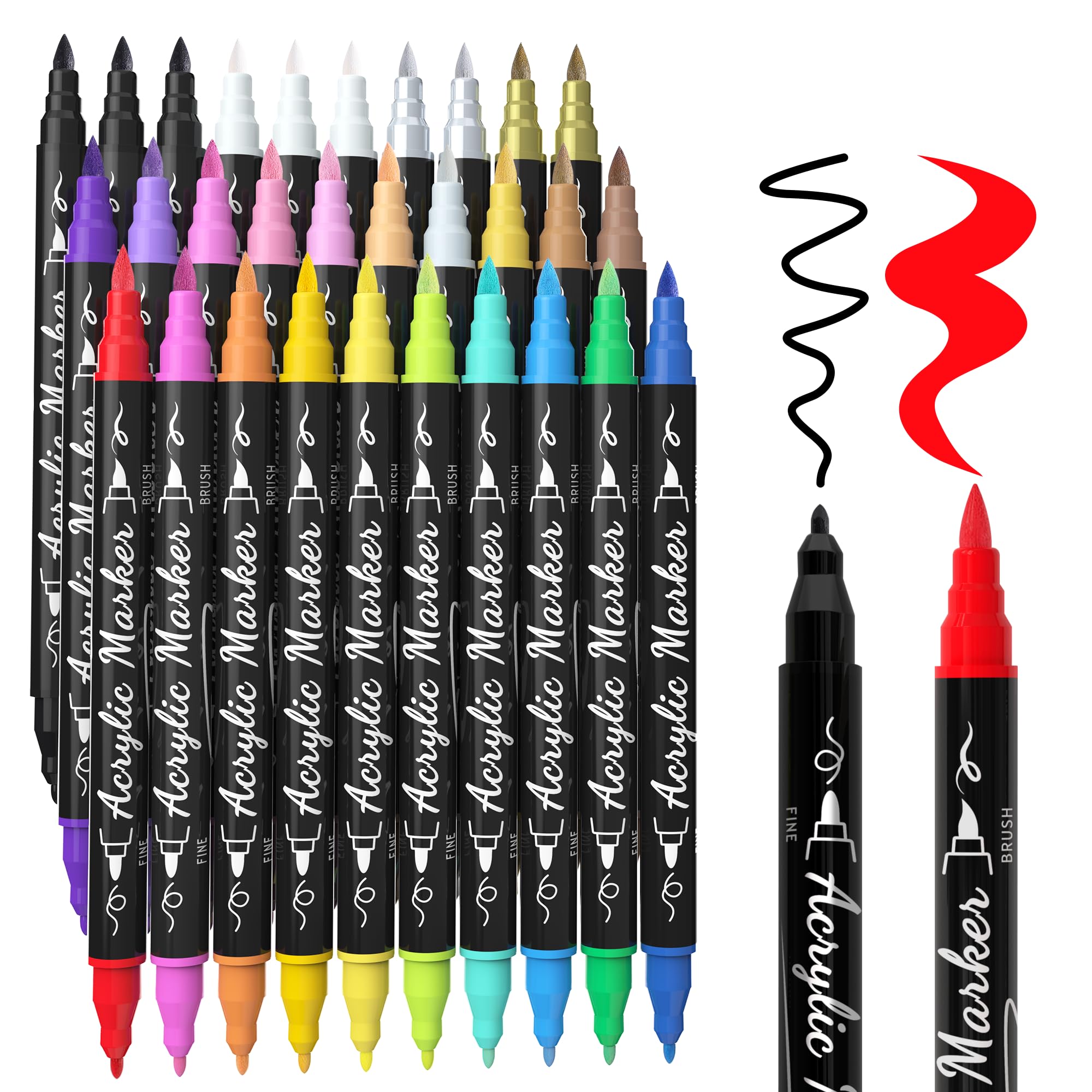 30 Color Acrylic Paint Markers - Brush & Fine Tips -1