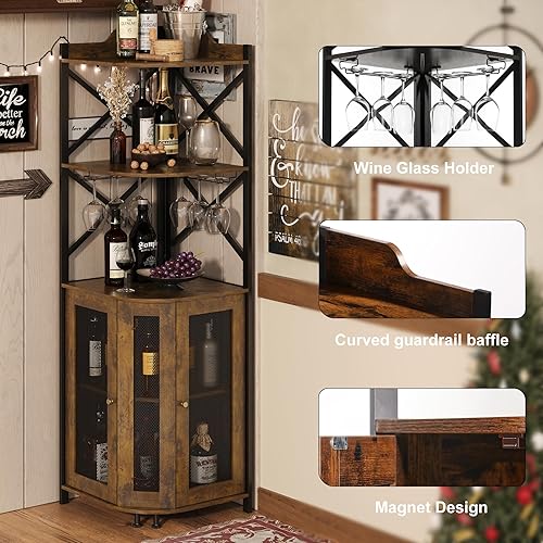 Miniatura 4 de JKsmart Armario de barra esquinera con luces LED, gabinete de vino industrial de 5 niveles con soporte para vidrio, gabinete de bar de vinos con