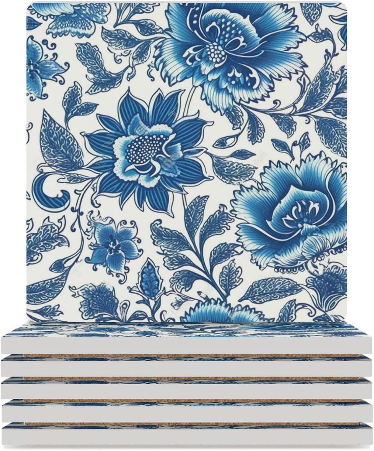 Floral Chinoiserie Ceramic Drink Coasters,Funny Cork Base Coasters Ceramic Coffee Table Cork Coaster Set,Housewarming and Kitchen Gift, 6PCS