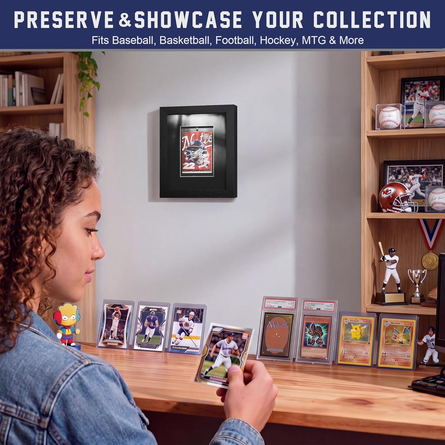 Sports Card Display Frame with Tempered Glass, Wall Mount or Tabletop Trading Card Display Case, Baseball Card Display Box, Frame for Basketball Football Hockey Cards (6''x 8'', Black, 1 Card)
