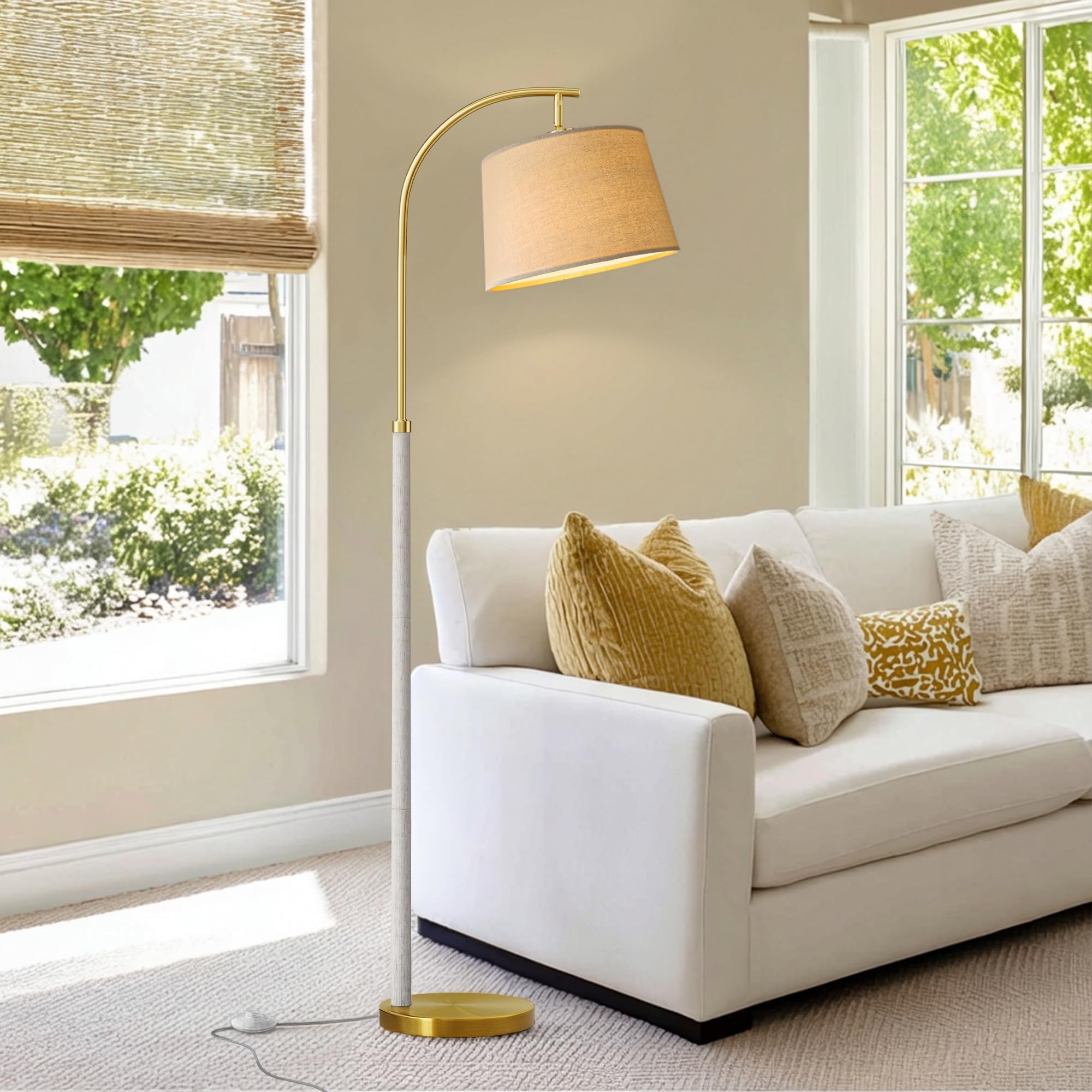 G-SAFAVA 63" Wood Floor Lamps for Living Room with Foot Switch Arc Tall Standing Lamp for Bedroom Mid Century Modern Corner Gold Floor Lamps for Office Nursery Industrial Reading Lamp, White