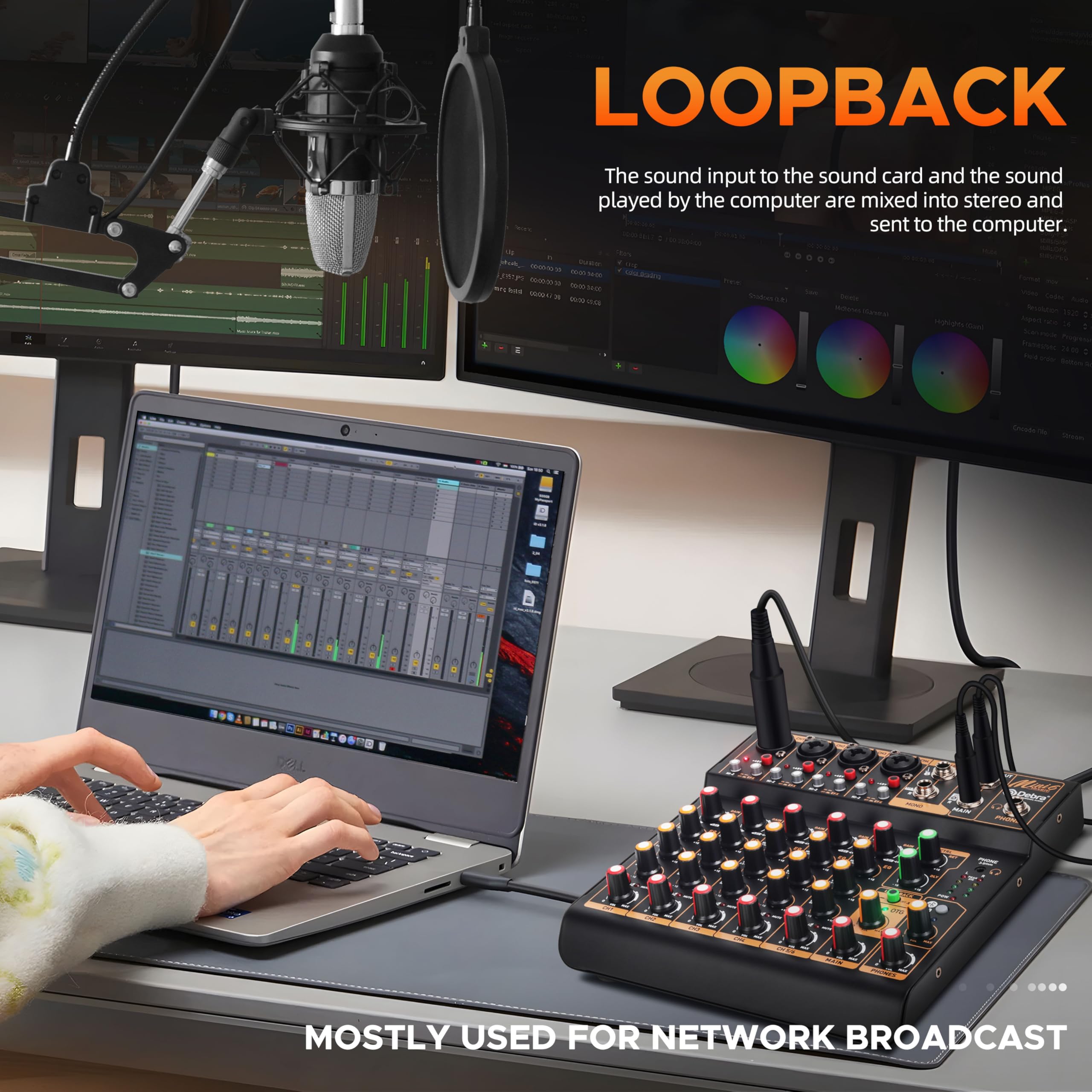 Mini6 Mixer Audio Professionale per DJ – Mixer a 6 Canali con Interfaccia USB, Bluetooth e Alimentazione Phantom 48V – Ideale per Streaming, Podcasting e Performance Live